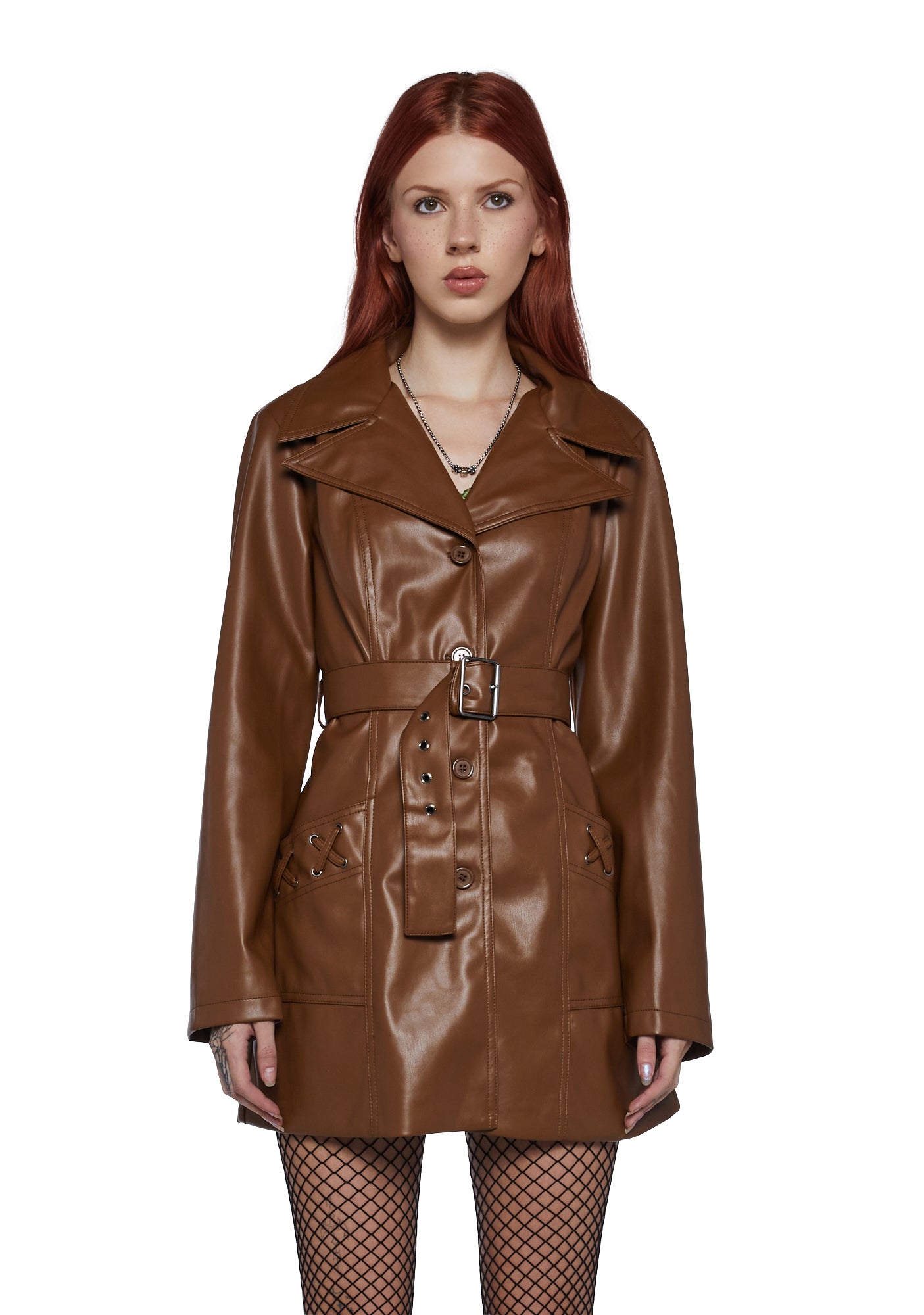 Delia's By Dollskill Vegan Leather Trench Coat - Brown