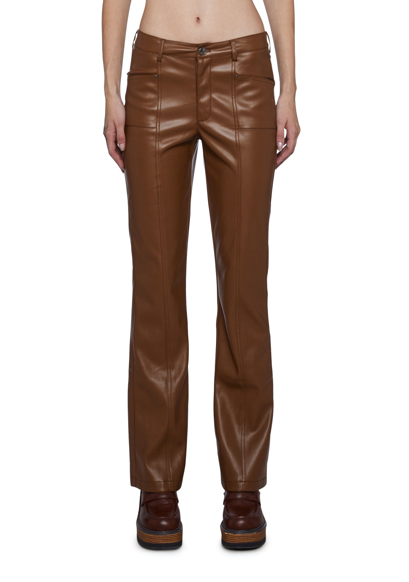 Delia's Vegan Leather Mid Waist Flare Pants Brown – Dolls Kill