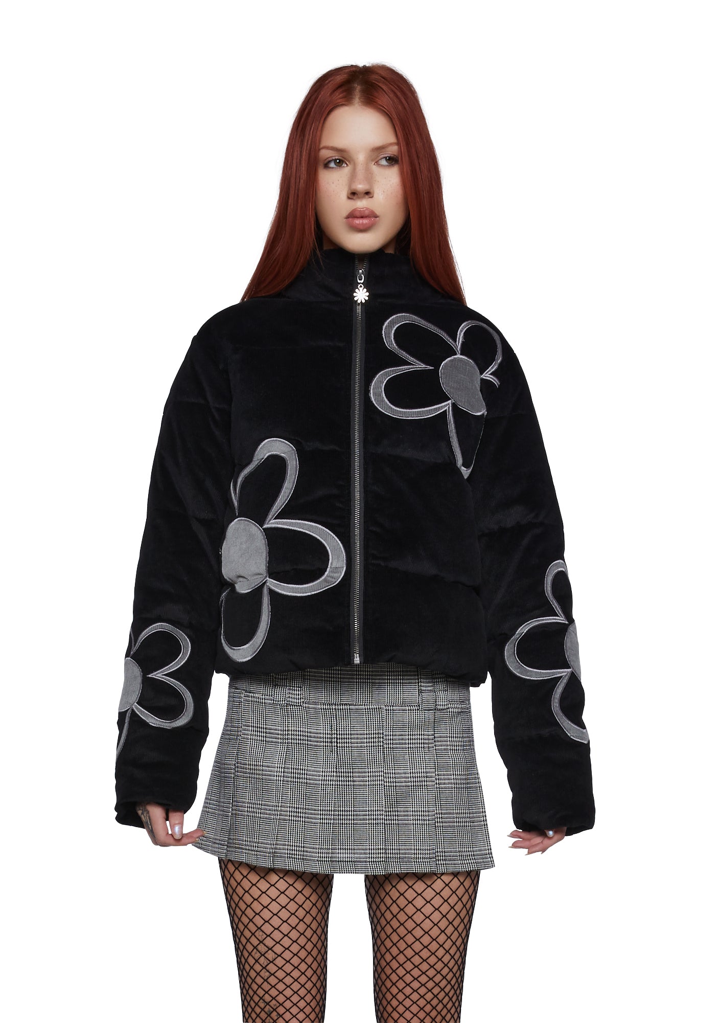 Delia's Daisy Graphic Corduroy Puffer Jacket - Black