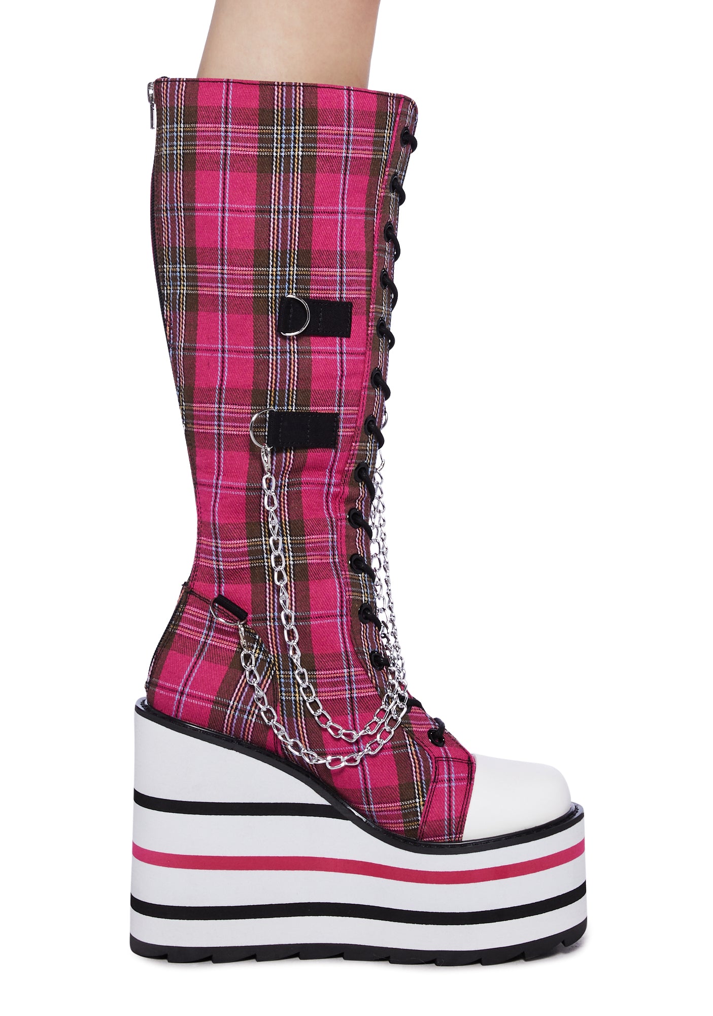 Y.R.U. Plaid Metal Chain Platform Boots Pink