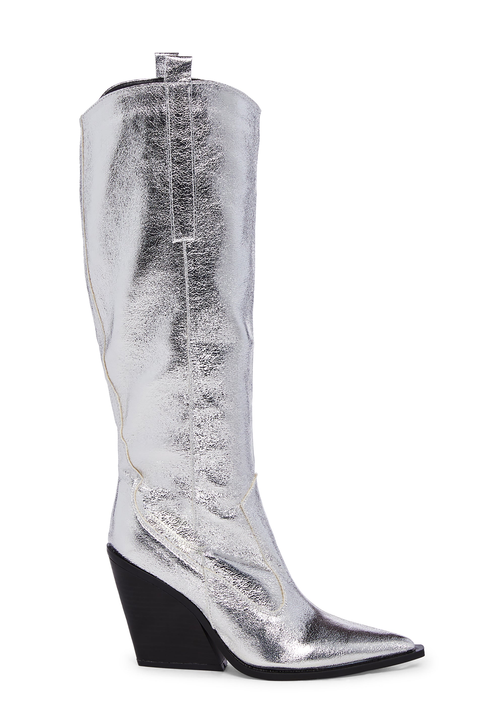 Public Desire Knee High Wedge Metallic Cowboy Boots Silver