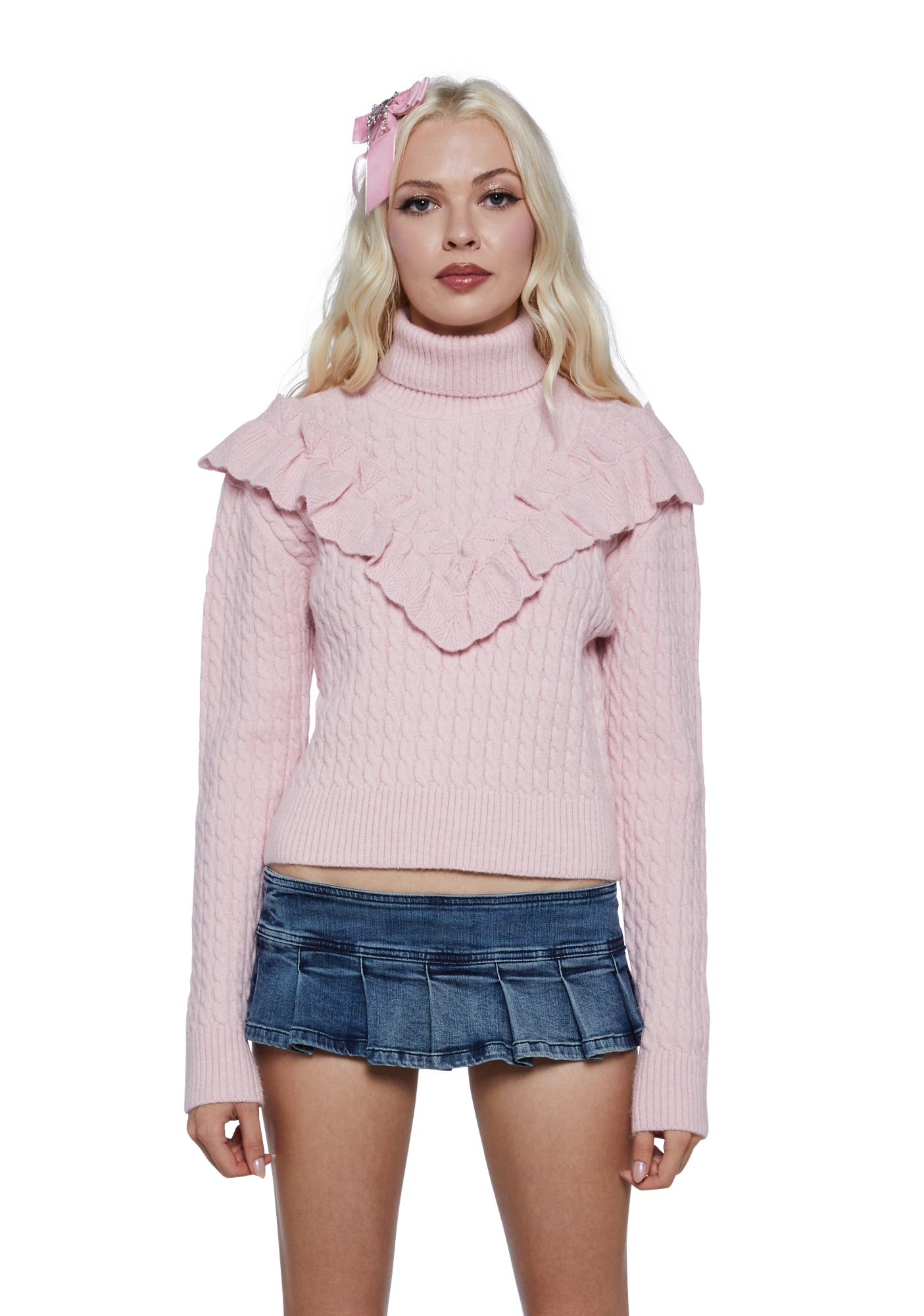 Sugar Thrillz Cable Knit Ruffled Sweater - Light Pink – Dolls Kill