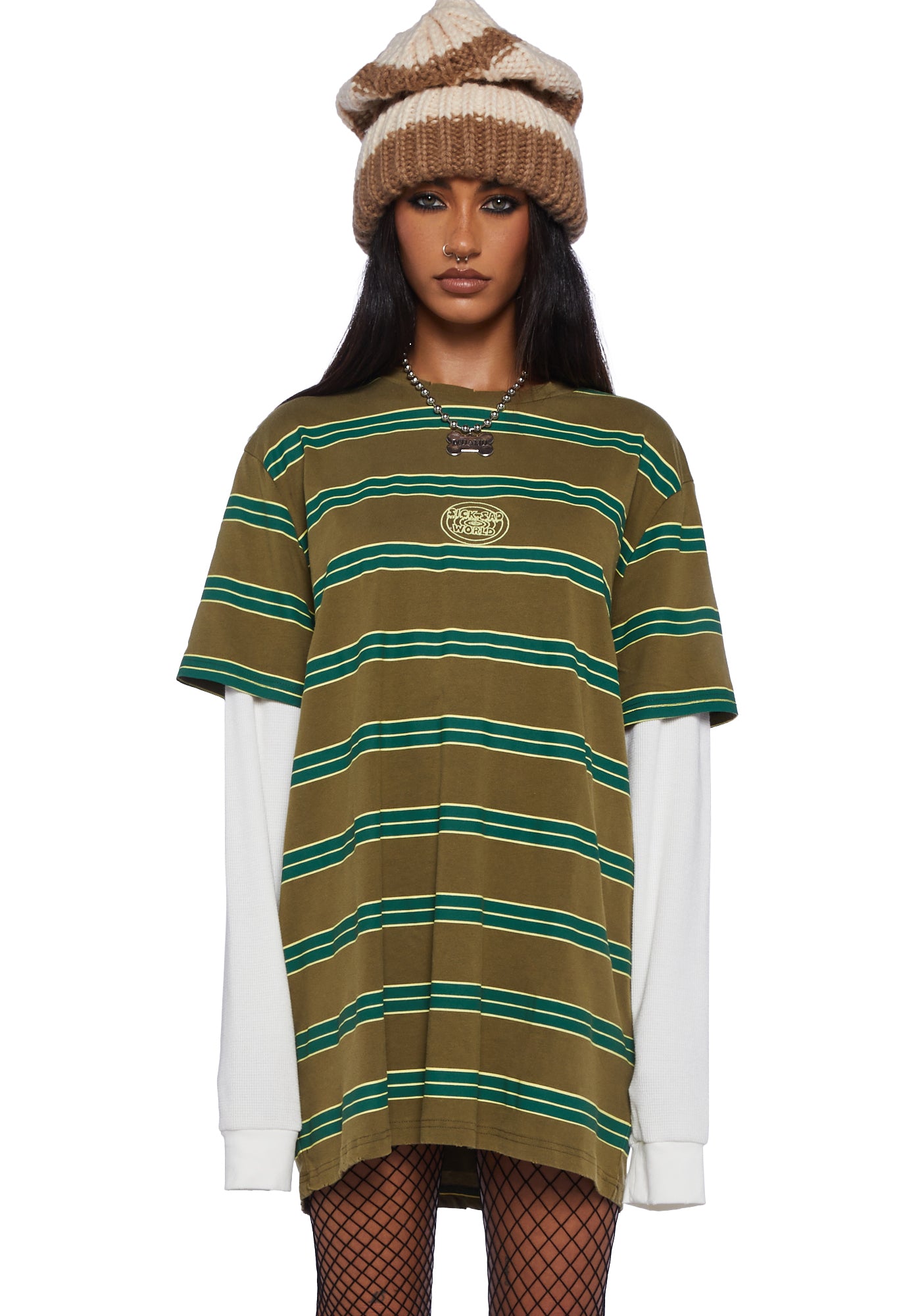 Dolls Kill x Daria Striped Sick Sad World 2 Fer Long Sleeve Top Green