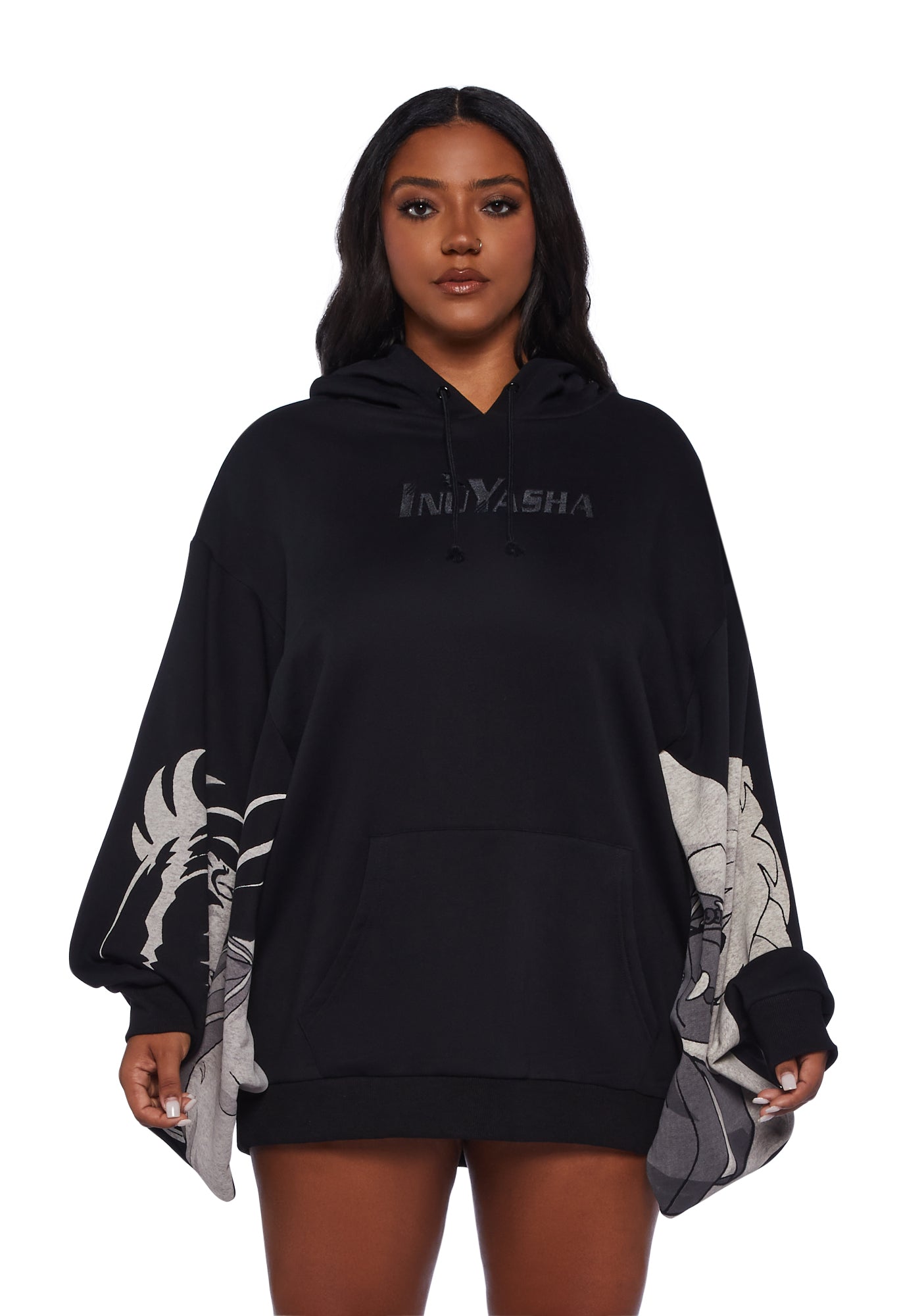 Plus Dolls Kill x InuYasha Batwing Sleeve Oversized Graphic Hoodie Black