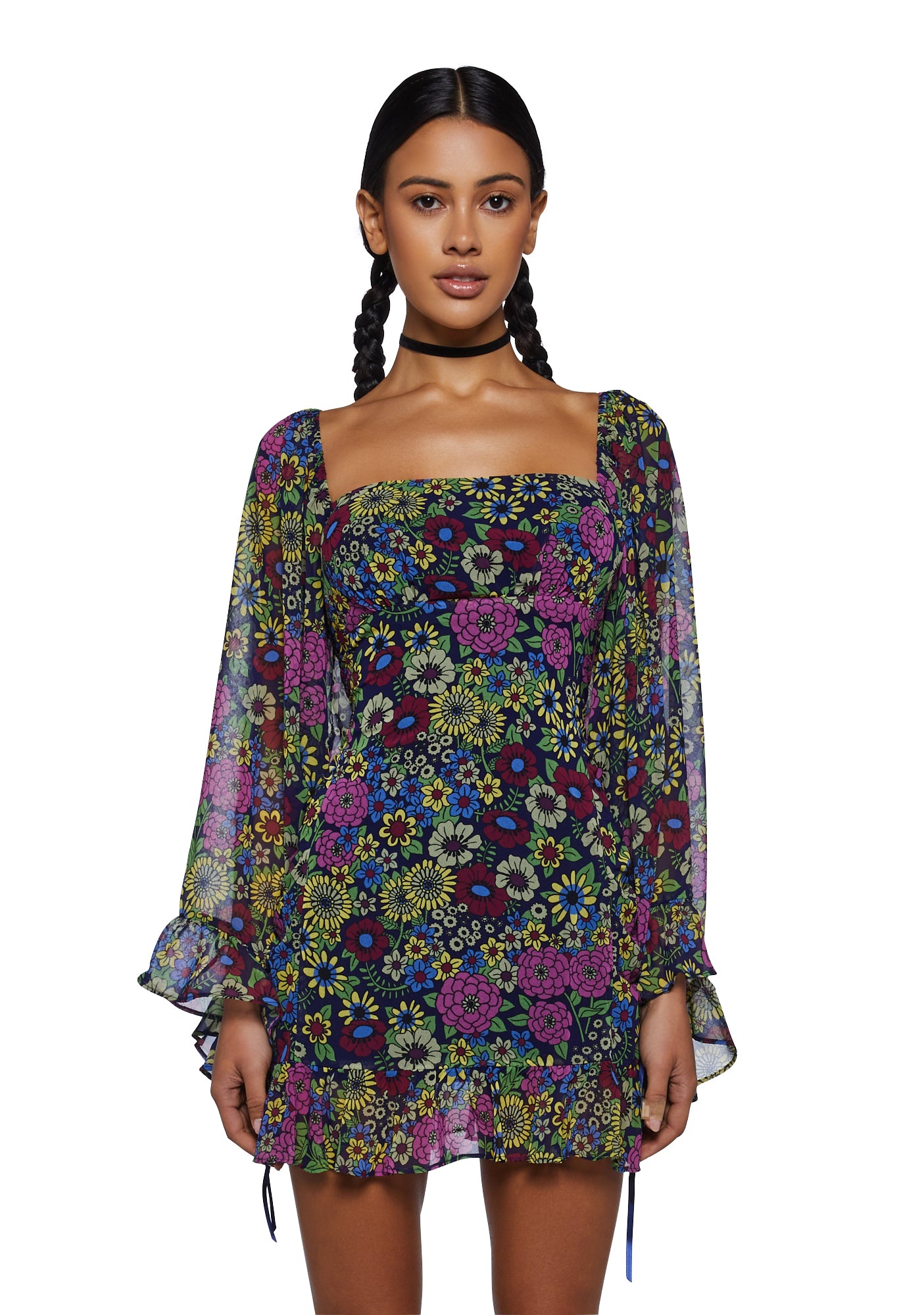 Current Mood Floral Print Flowy Bell Sleeve Mini Dress - Multi