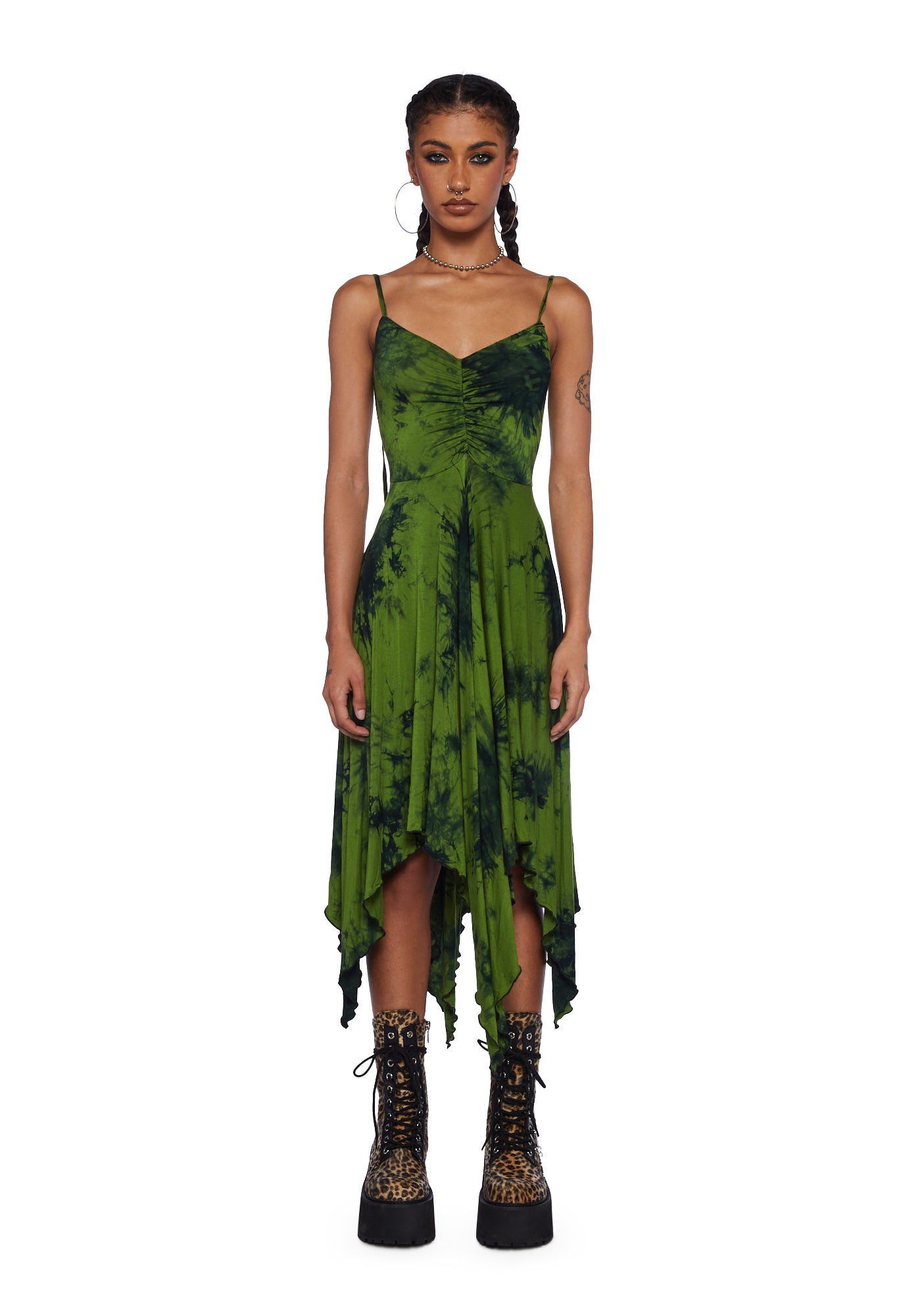 Current Mood Tie Dye Handkerchief Hem Midi Dress - Green Dolls Kill Current Mood Tie Dye Handkerchief Hem Midi Dress - Green Dolls Kill