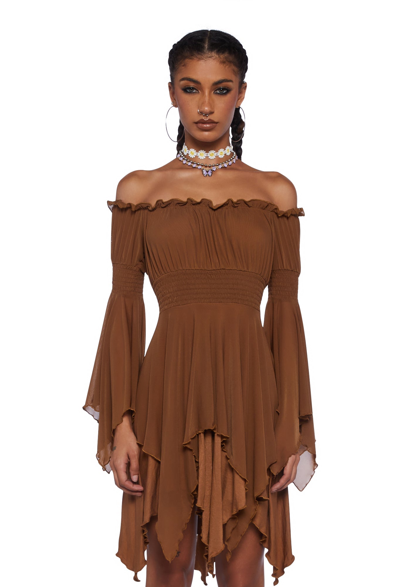 Current Mood Smocked Shirred Mesh Mini Dress - Brown – Dolls Kill