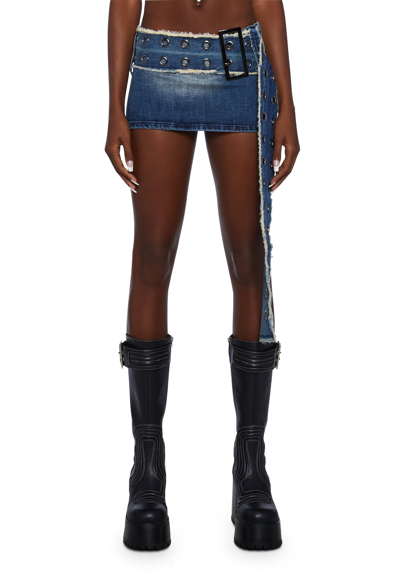 Generation Kiss Denim Faux Wrap Belt Skirt Blue Dolls Kill