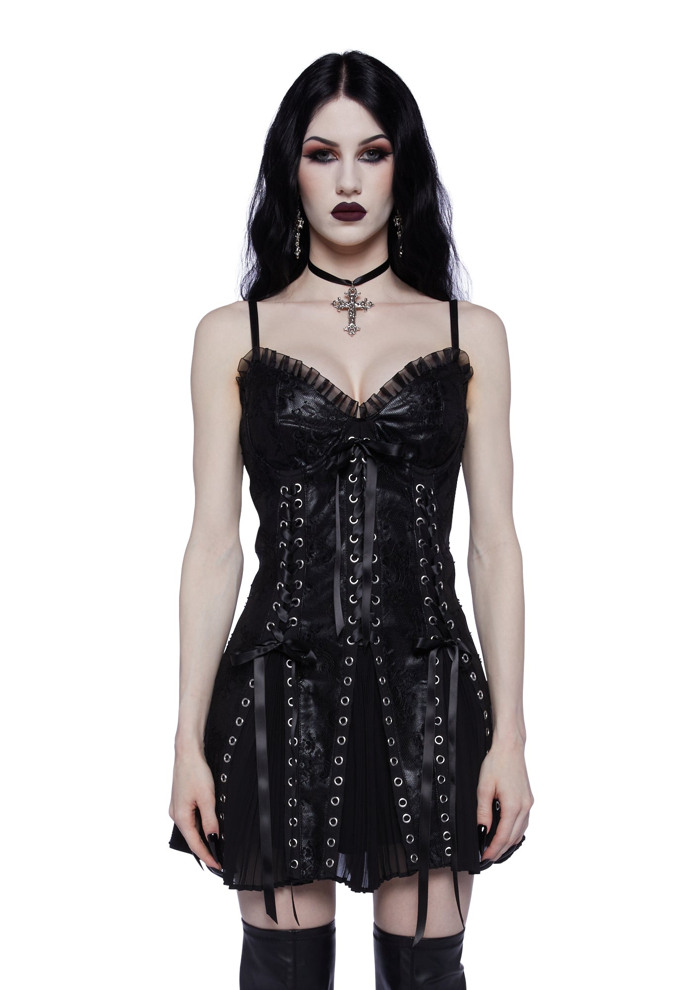 Unholy Lace Vegan Leather Grommet Lace Up Mini Dress - Black Unholy Lace Vegan Leather Grommet Lace Up Mini Dress - Black