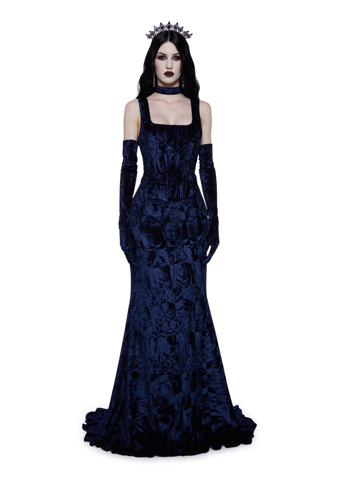 Unholy Velvet Boned Maxi Dress With Gloves And Choker Blue Dolls Kill