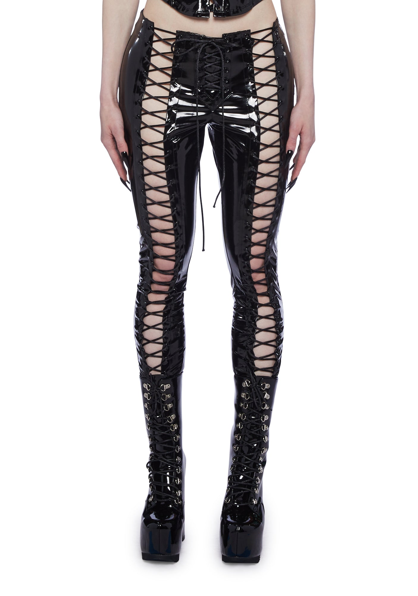 Leather Pants White Mesh Lace Up Pants Black Sheer Lace Print High