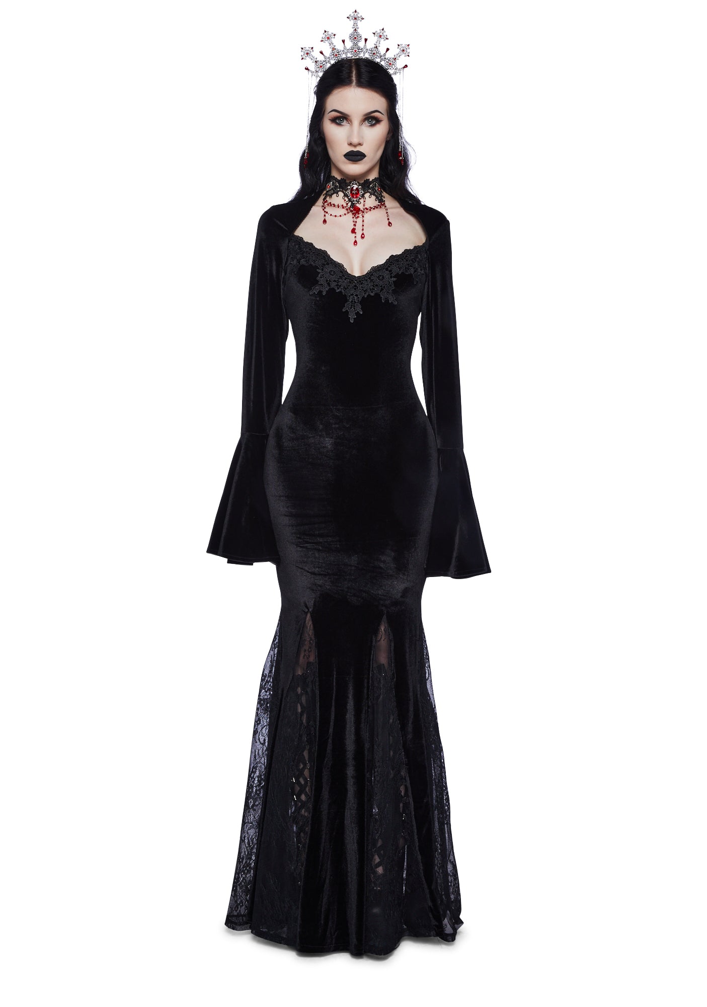 Widow Velour Lace Trim Maxi Dress - Black
