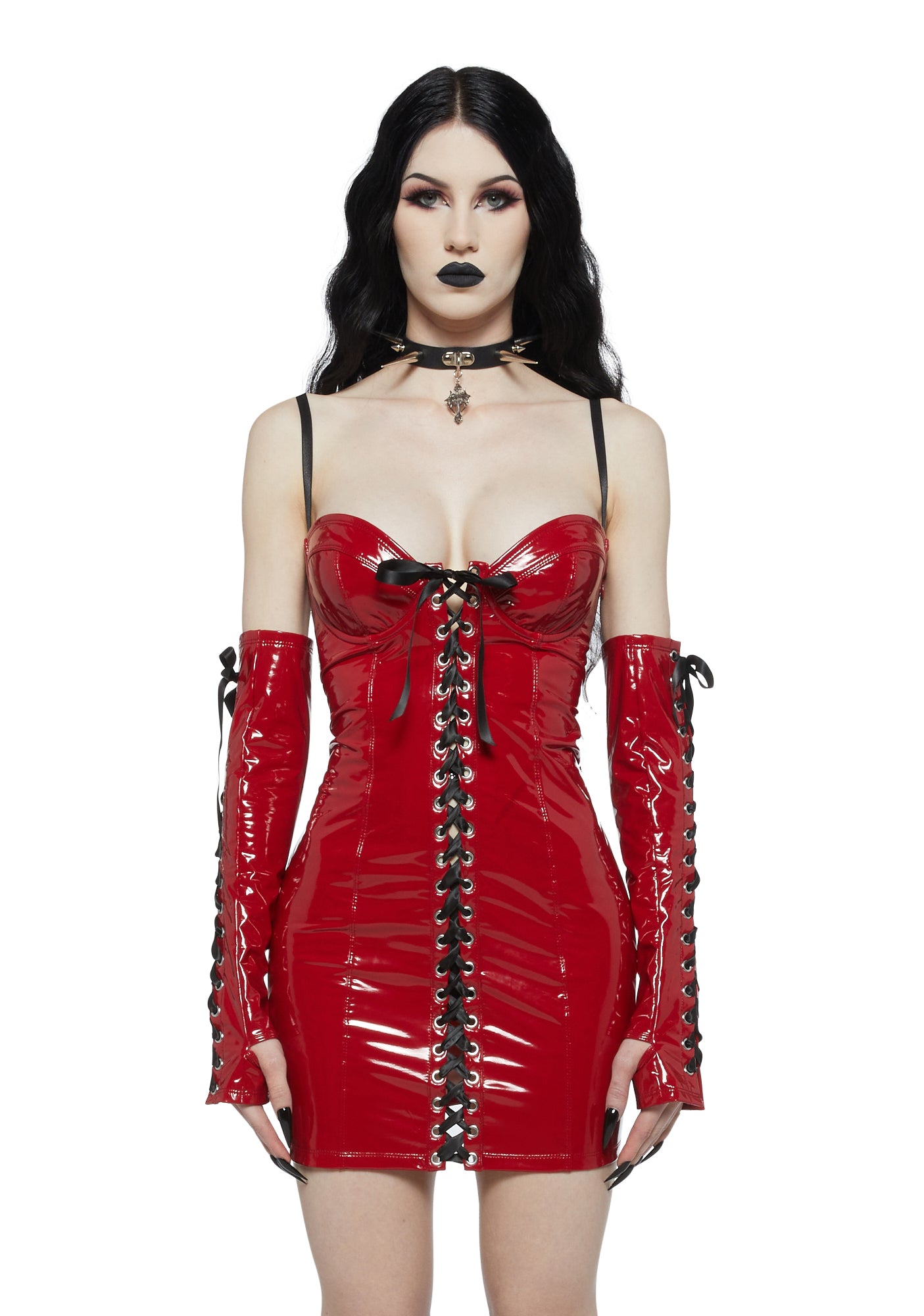 Widow Patent Vinyl Bodycon Lace Up Dress - Red