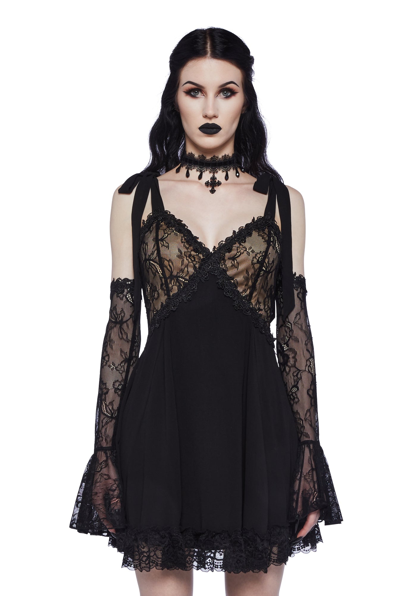 Widow Chiffon Lace Mini Dress- Black