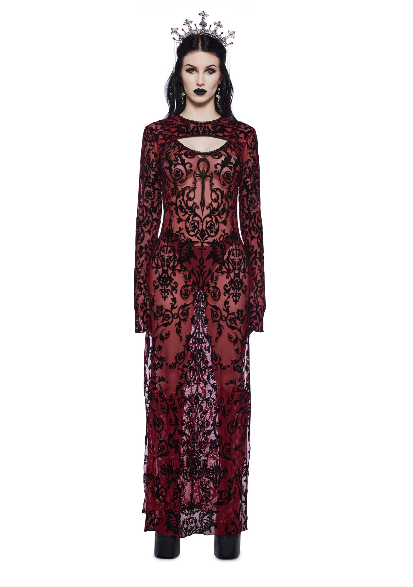 Widow Mesh Maxi Dress Shrug Set- Red Dolls Kill Widow Mesh Maxi Dress Shrug Set- Red Dolls Kill