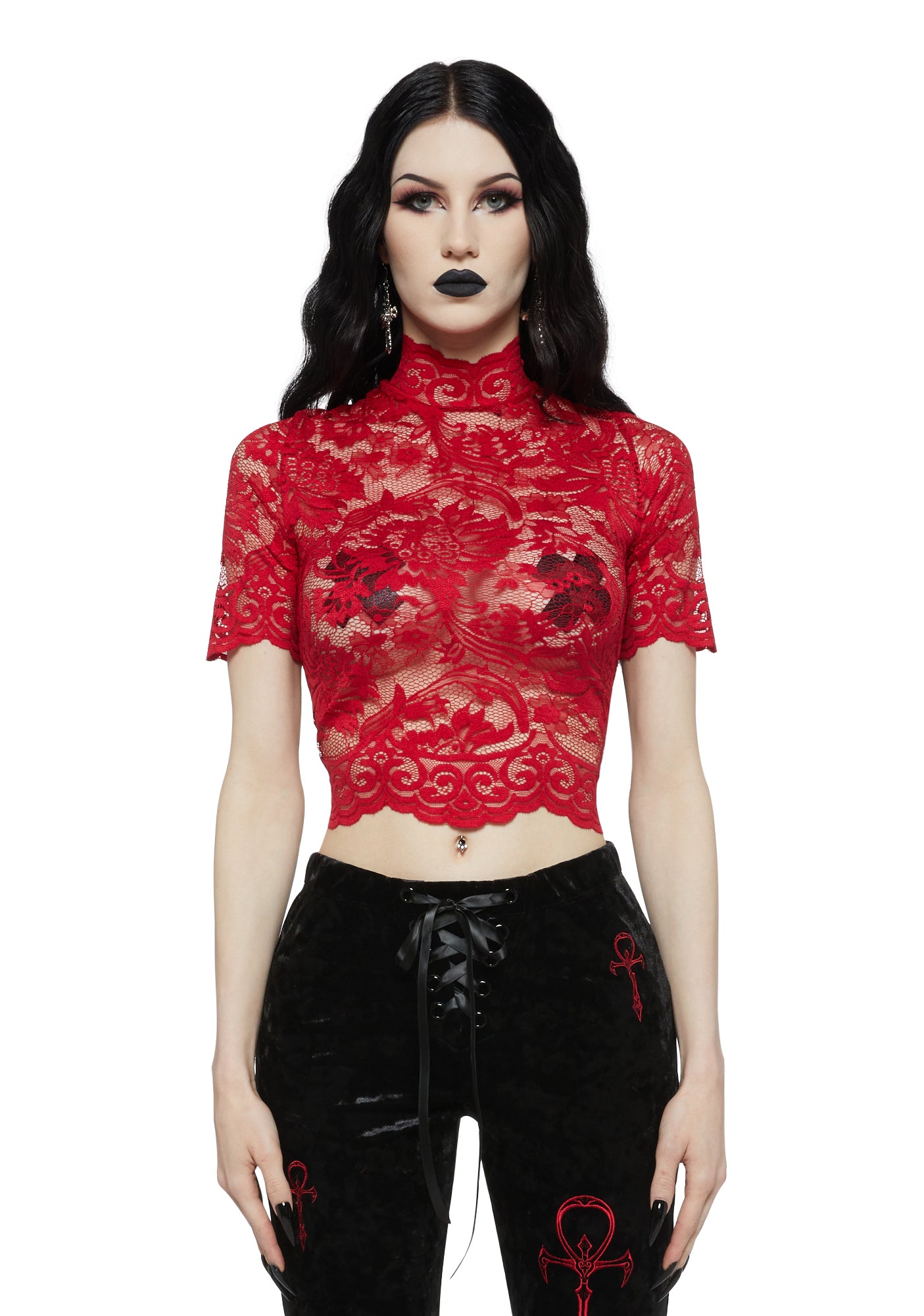 Widow Sheer Lace Top With Lace-Ups - Red