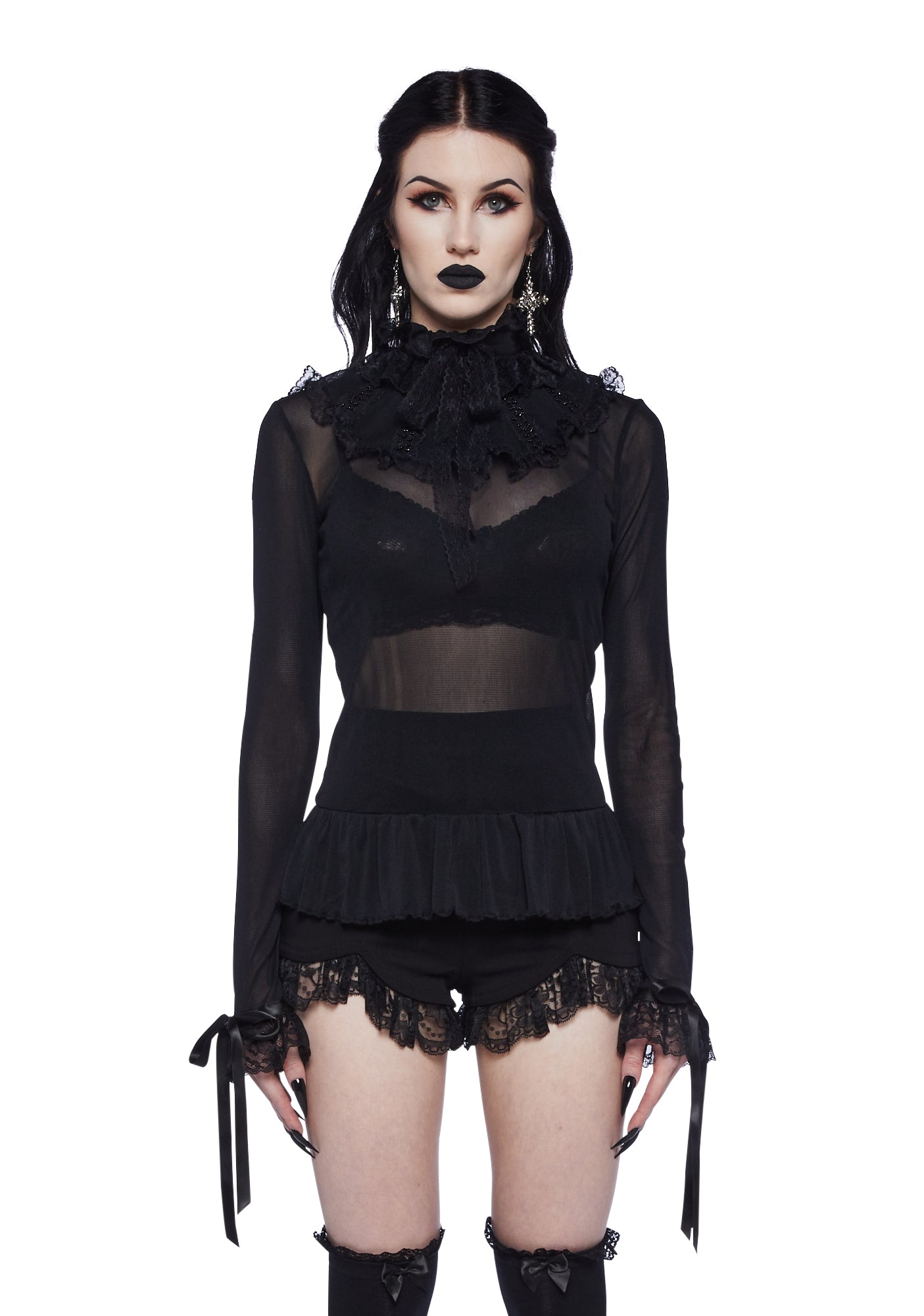 Widow Sheer Mesh Long Sleeve Top - Black