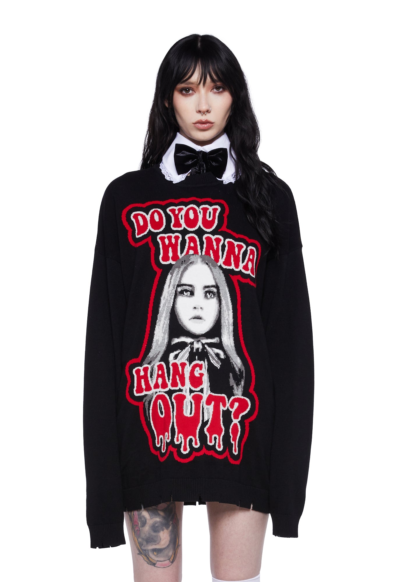 Dolls Kill x M3GAN Intarsia Wanna Hang Out Oversized Sweater Black