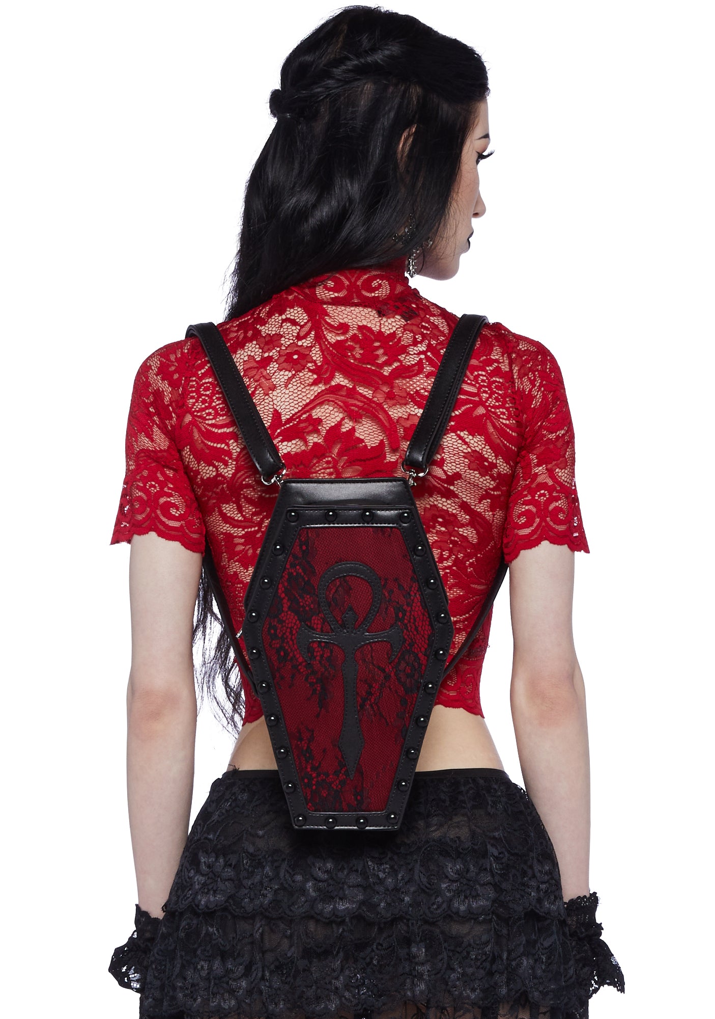 Widow Ankh Symbol Coffin Crossbody Bag Backpack - Black/Red