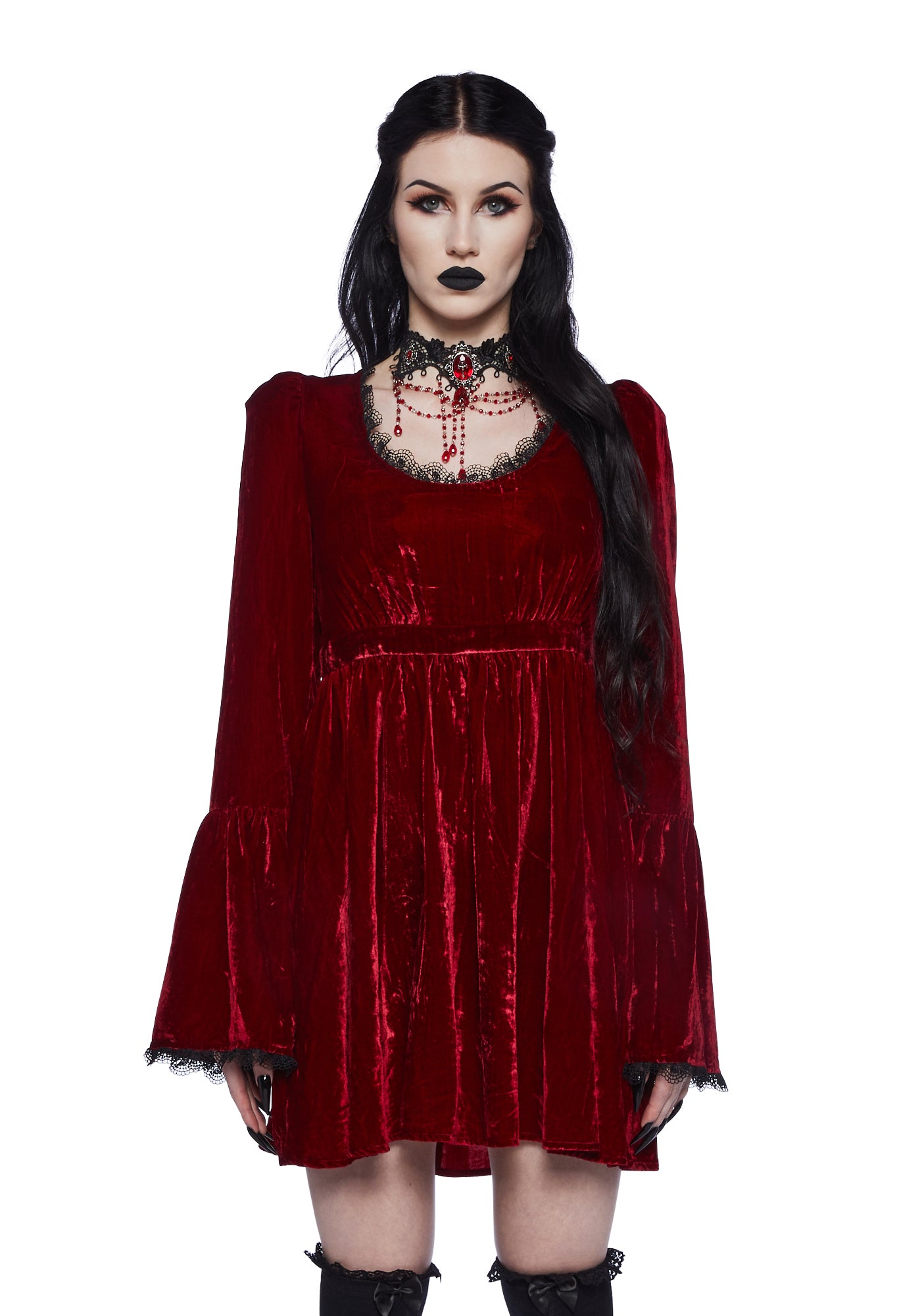 Widow Velvet Long Sleeve Mini Dress - Red