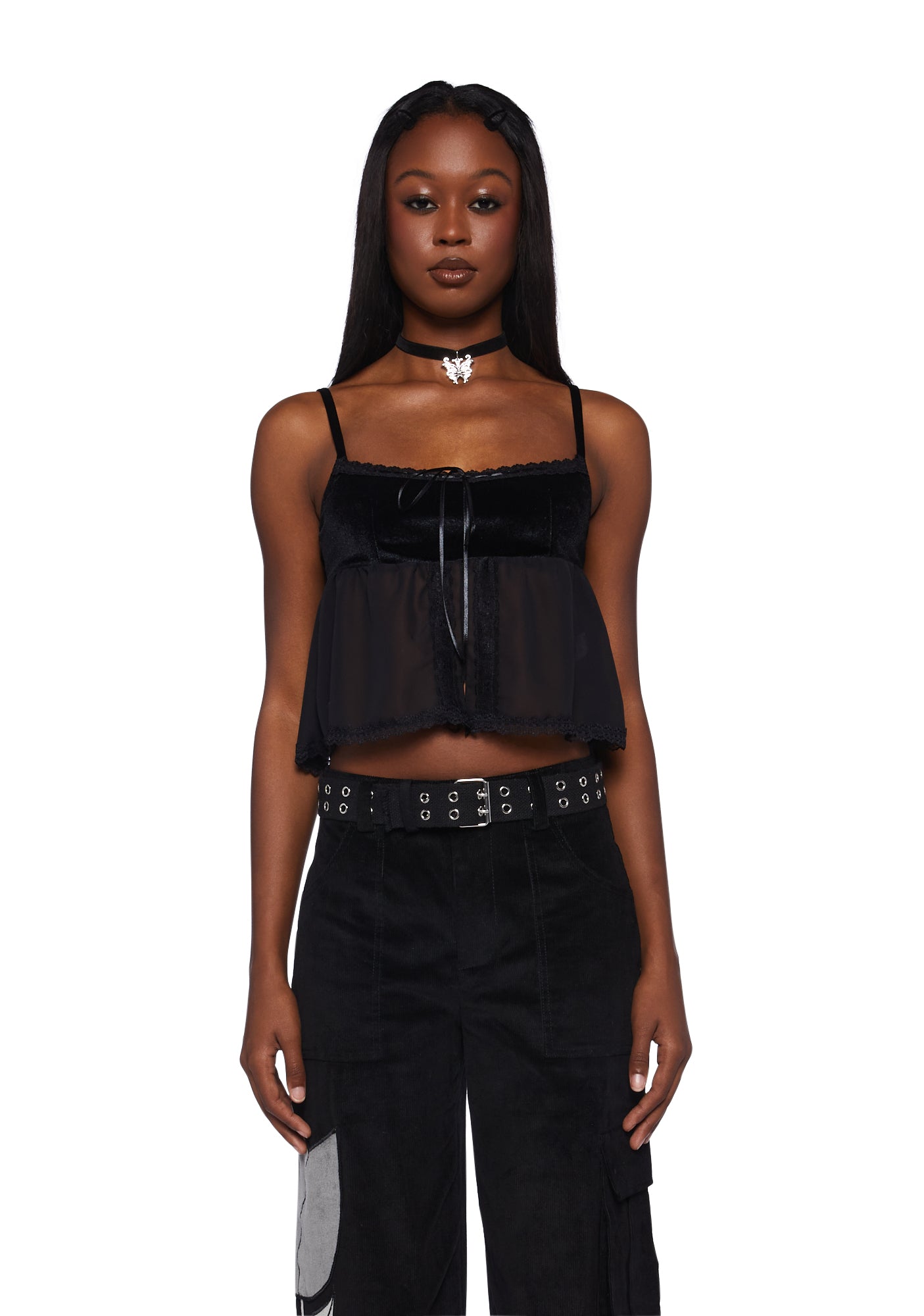 dELiA s by Dolls Kill Chiffon Velvet Open Front Cami Top Black