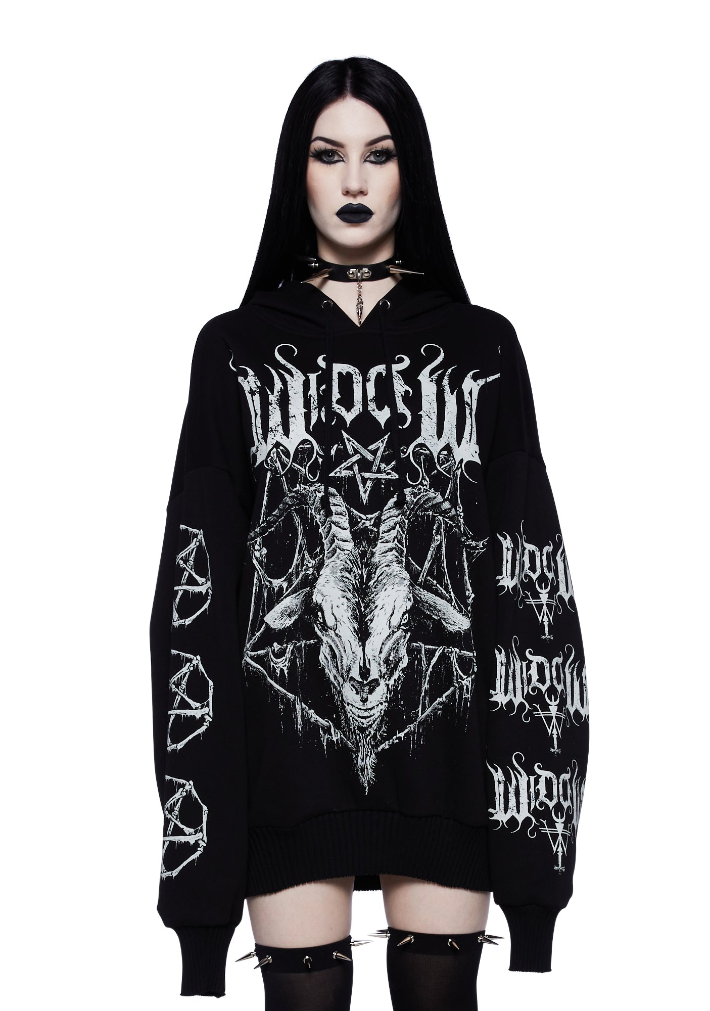 Widow Baphomet Pentagram Oversized Pulover Hoodie - Black
