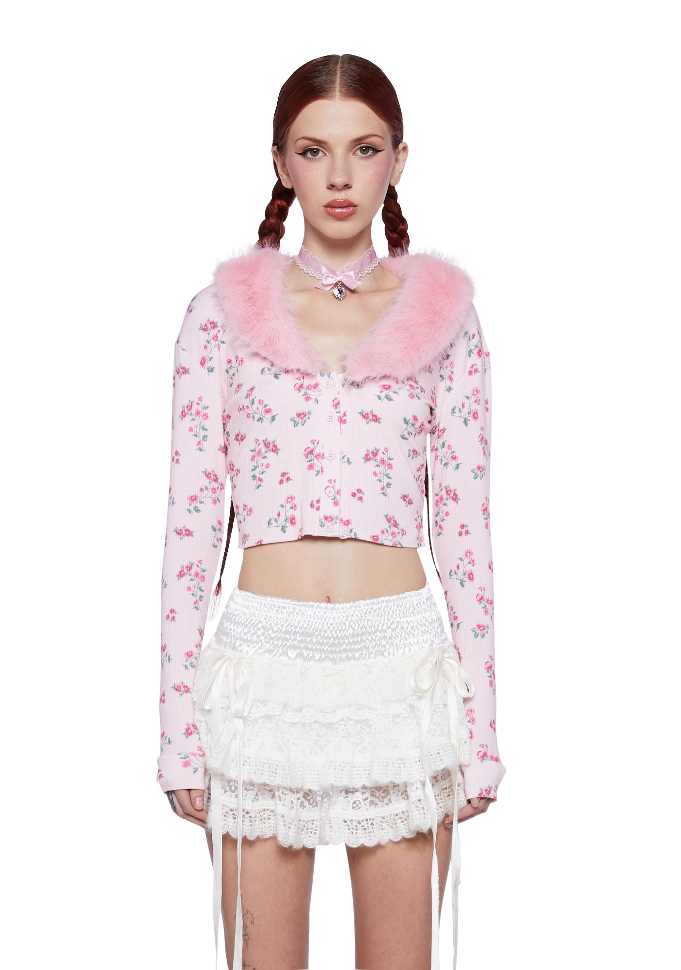 Sugar Thrillz Floral Print Faux Fur Collar Cropped Cardigan - Pink