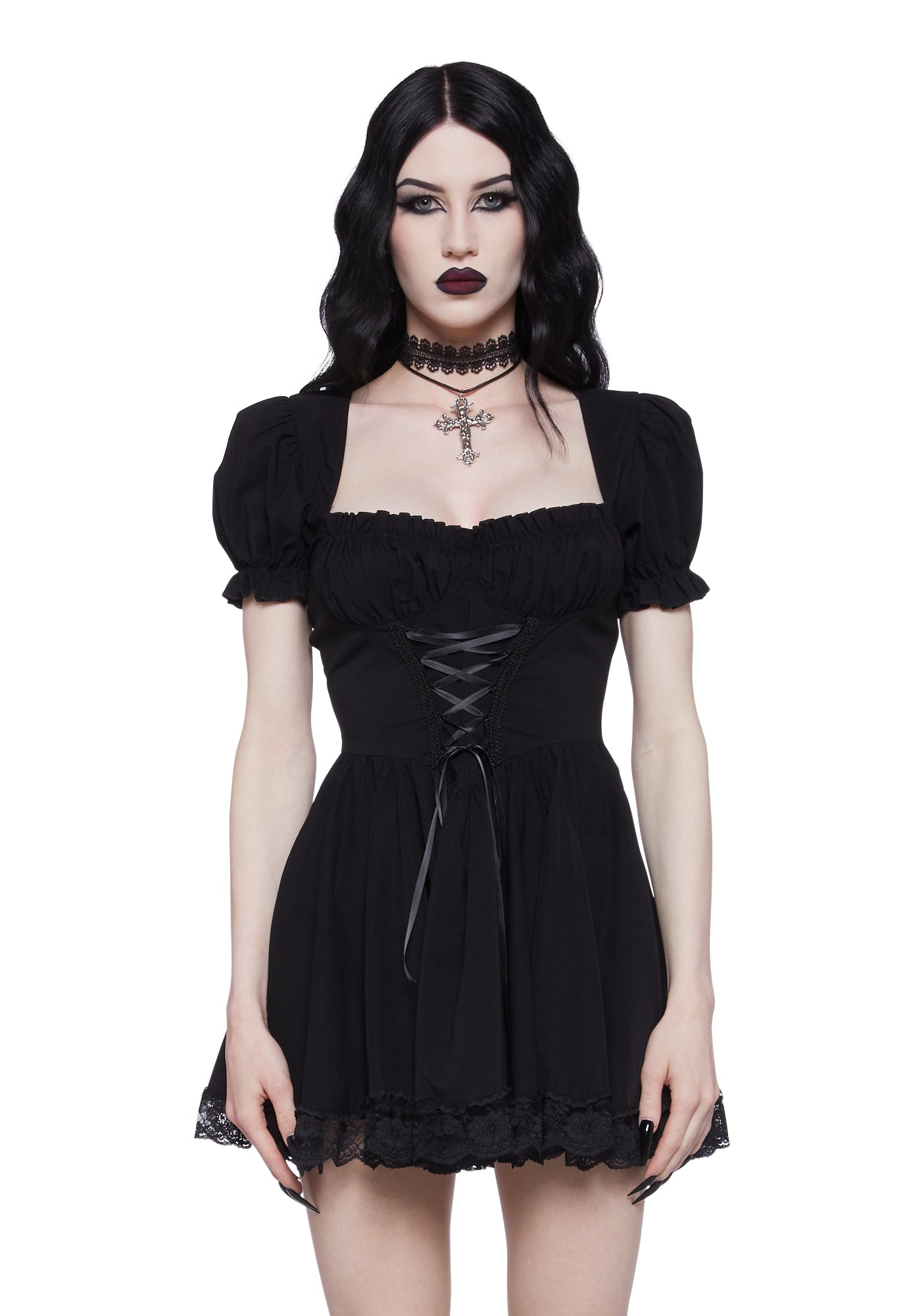 Widow Lace Up Mini Dress With Puffy Sleeves - Black – Dolls Kill