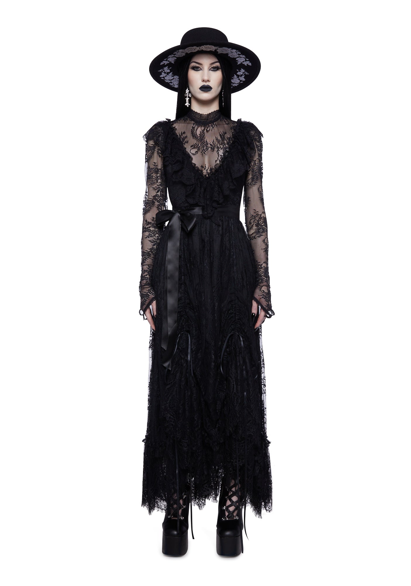 Widow Sheer Lace Ruffled Maxi Dress