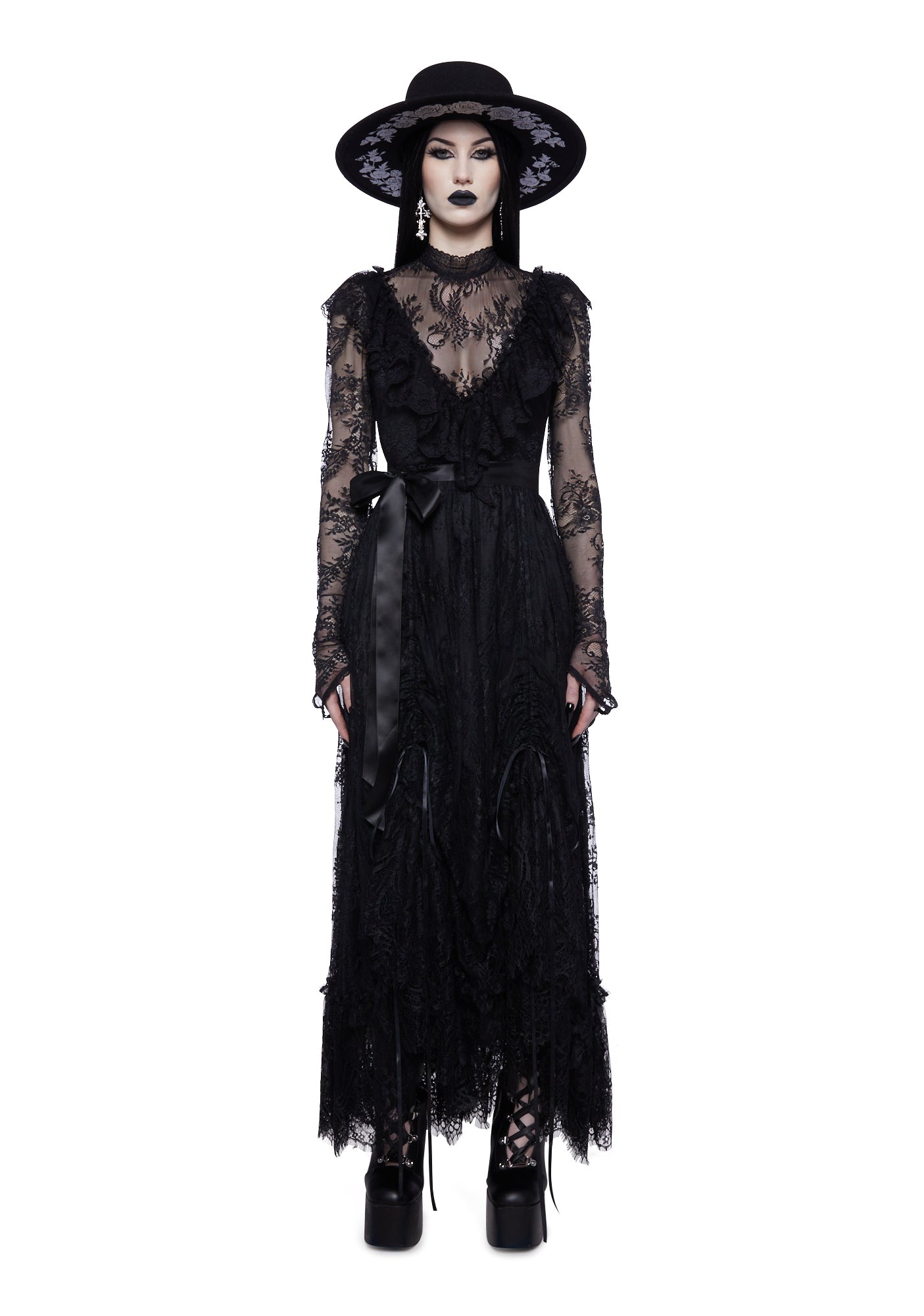 Widow Sheer Lace Ruffled Maxi Dress - Black
