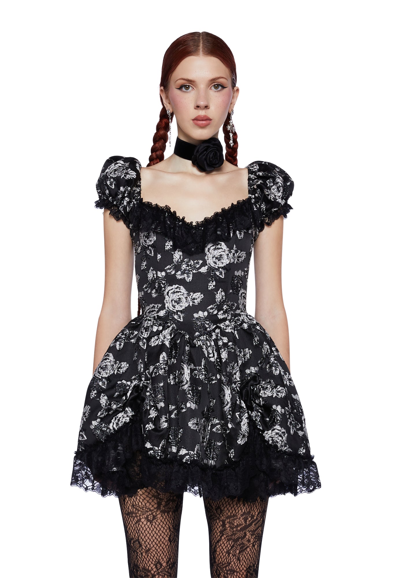 Sugar Thrillz Brocade Puffy Sleeve Mini Dress - Black