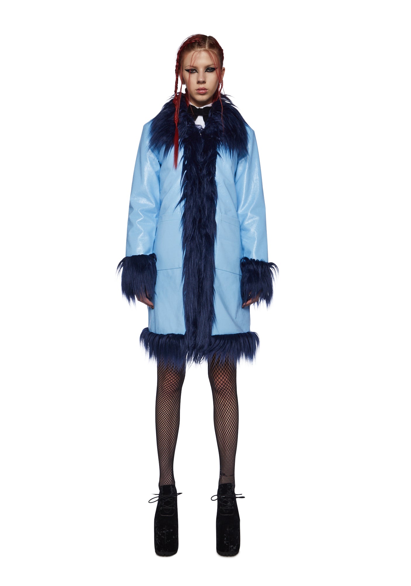 Blue fur trim coat top