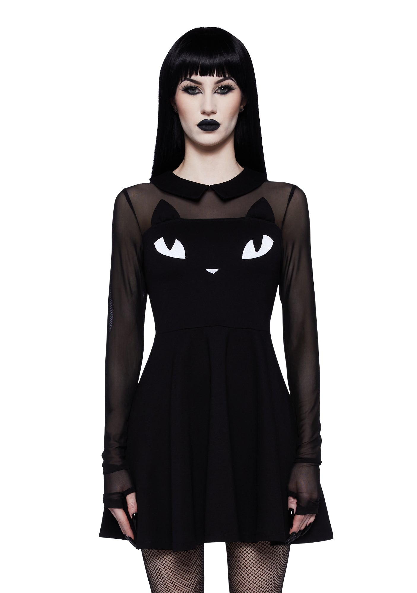 Dolls Kill x Emily The Strange Mystery Cat Mini Mesh Shift Dress - Black