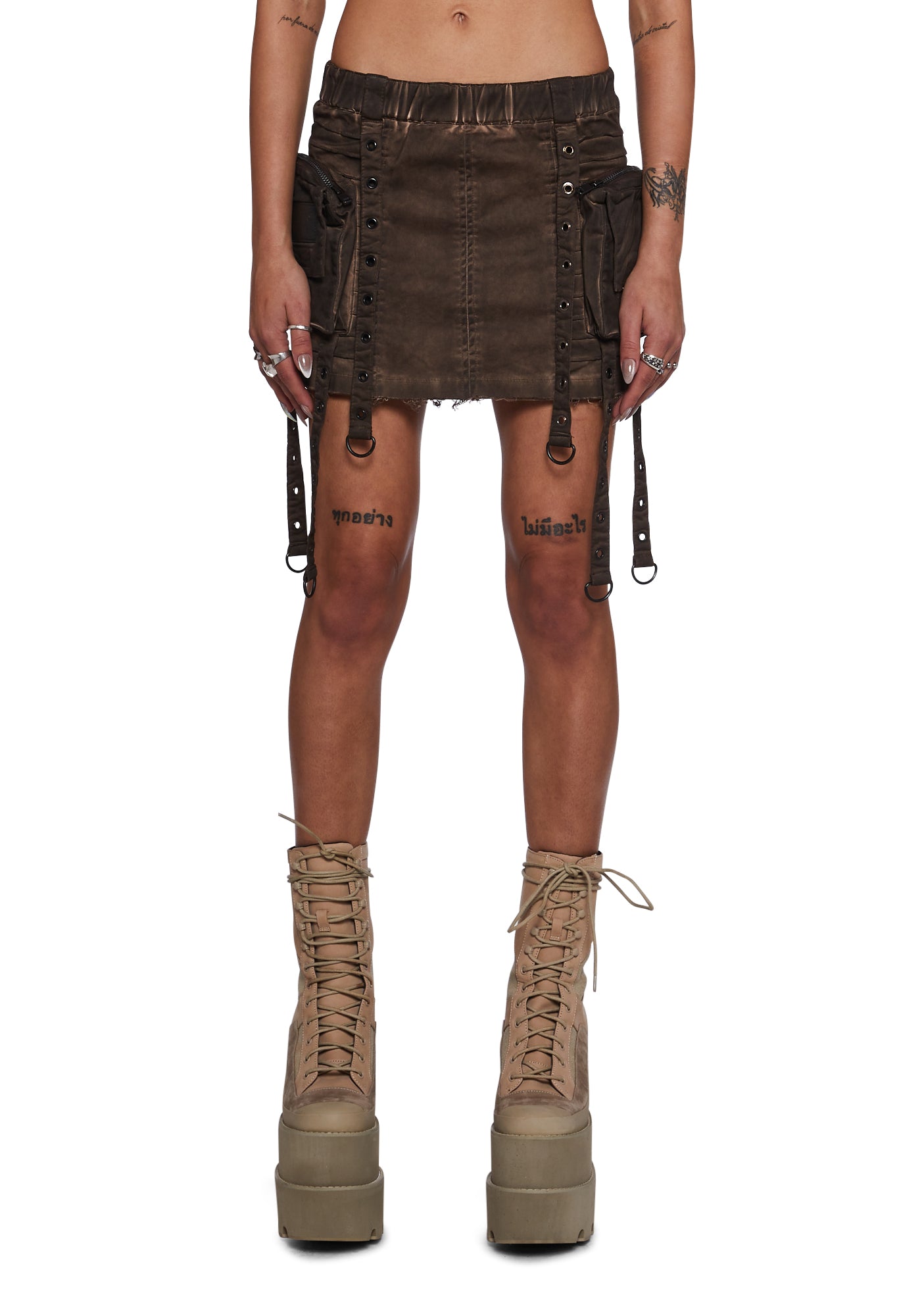 Darker Wavs Washed Cargo Mini Skirt With Pockets And Straps - Brown