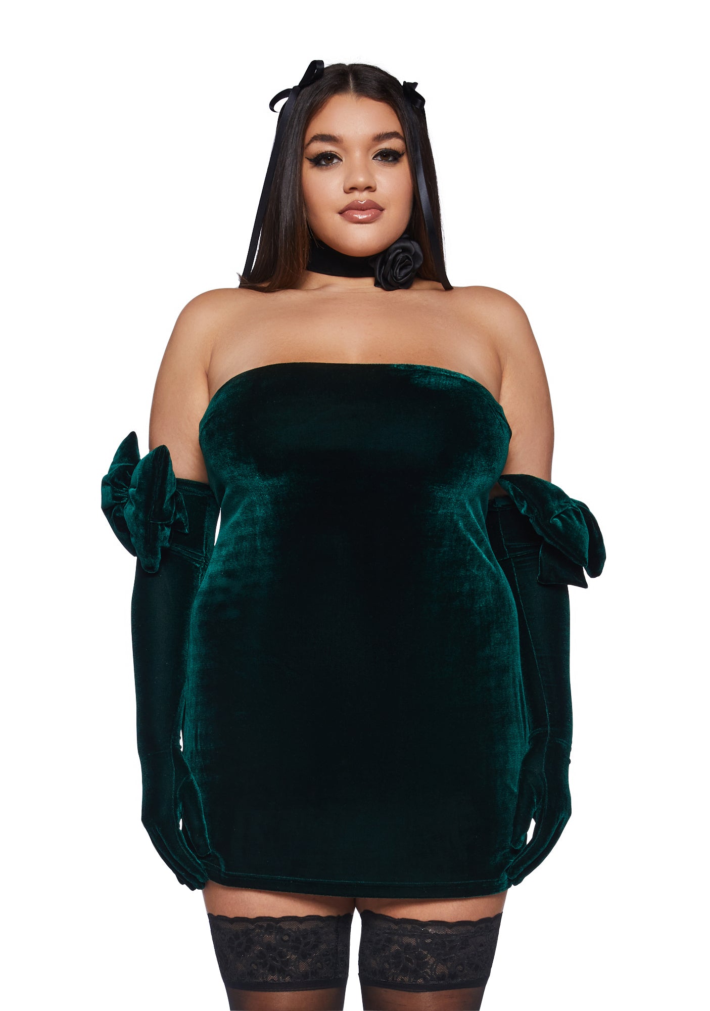 Plus Size Velour Strapless Mini Dress With Gloves