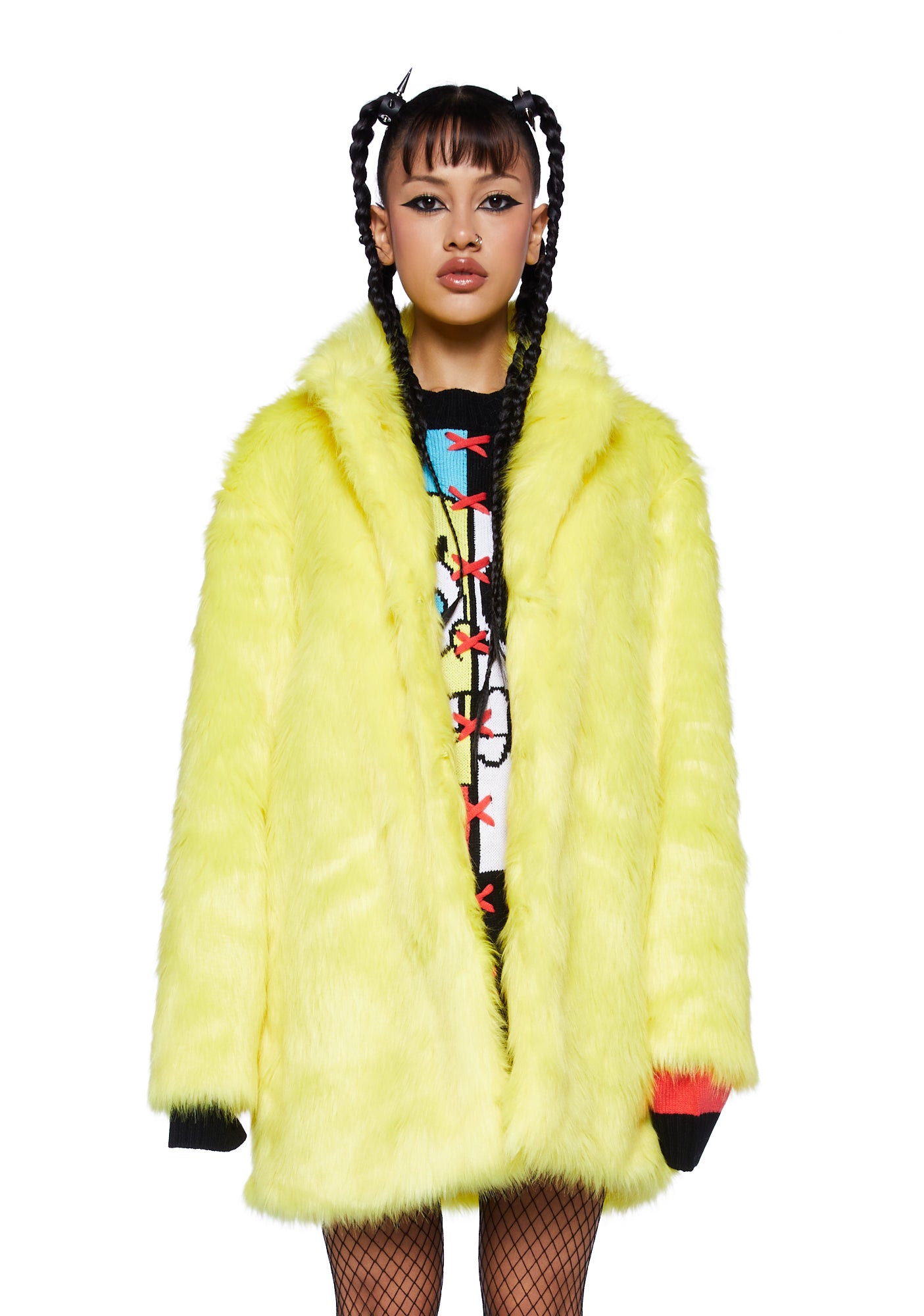 人気【DOLLS KILL】Warp Faux Fur Baseball Cap Dolls Kill x SpongeBob Faux Fur Coat- Yellow