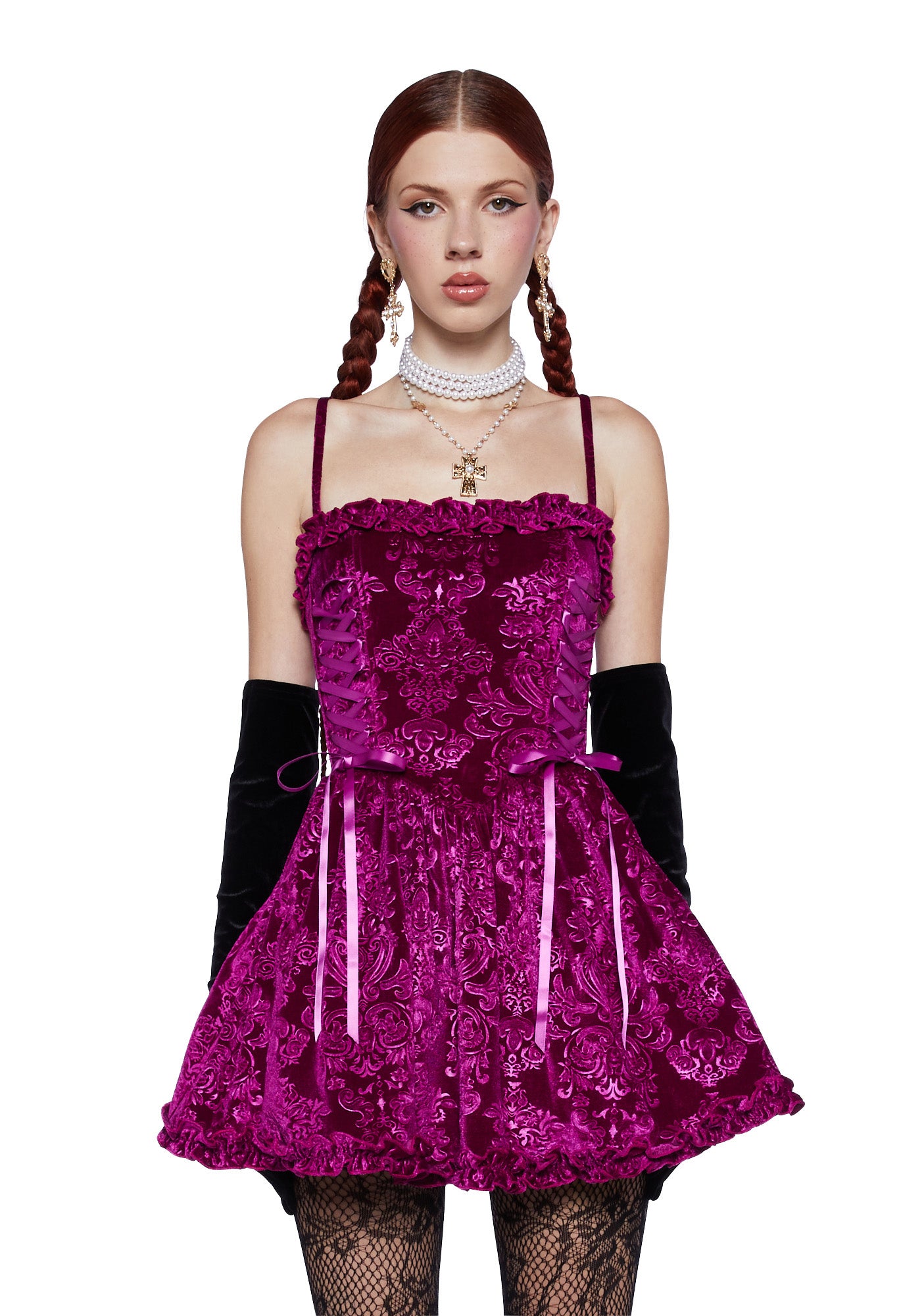Sugar Thrillz Velour Brocade Corset Dress - Dark Pink