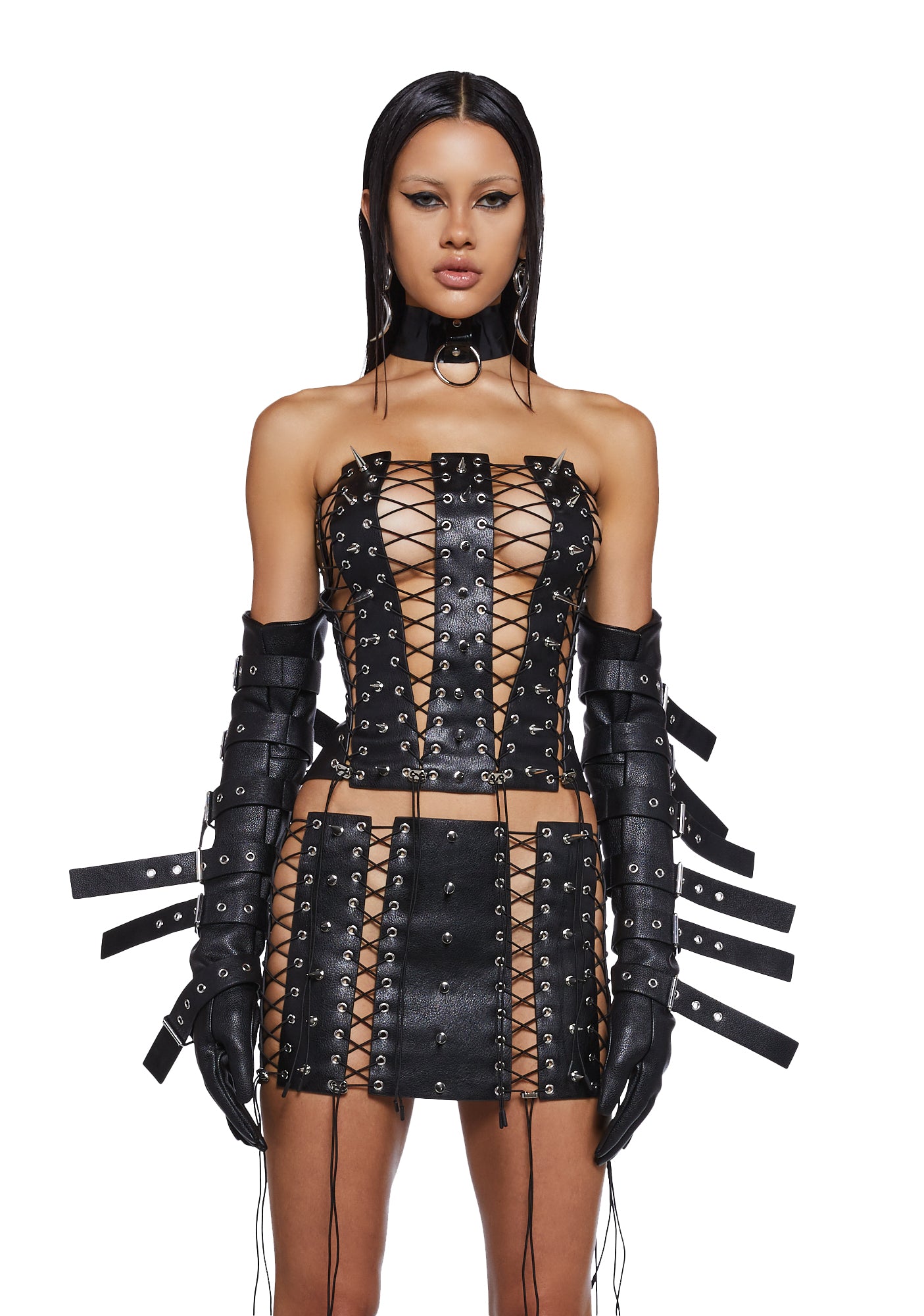 Namilia Vegan Leather Lace Up Grommet Spiked Corset - Black – Dolls Kill