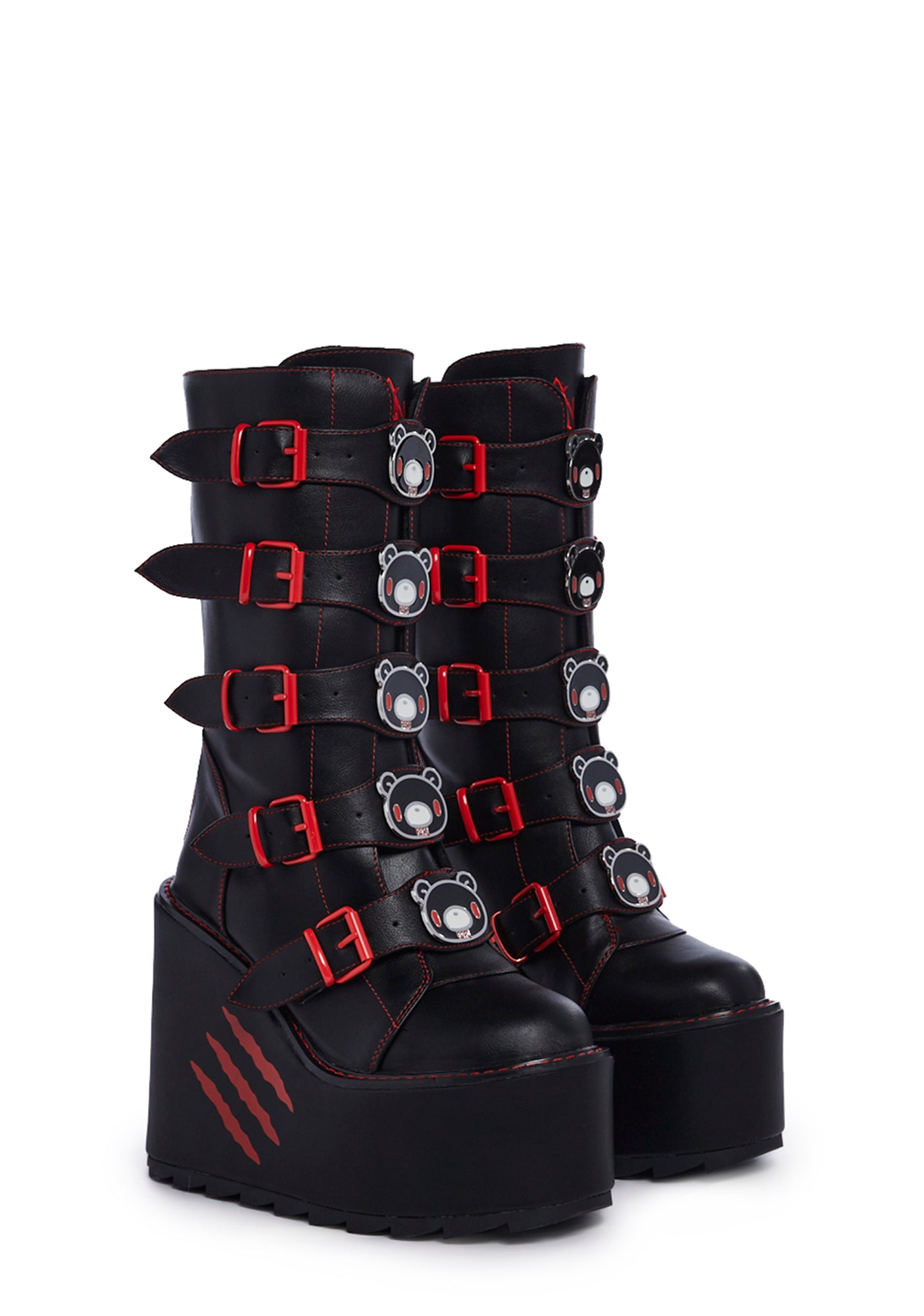 Y.R.U. Gloomy Bear Platform Buckle Zipper Boots - Black/Red