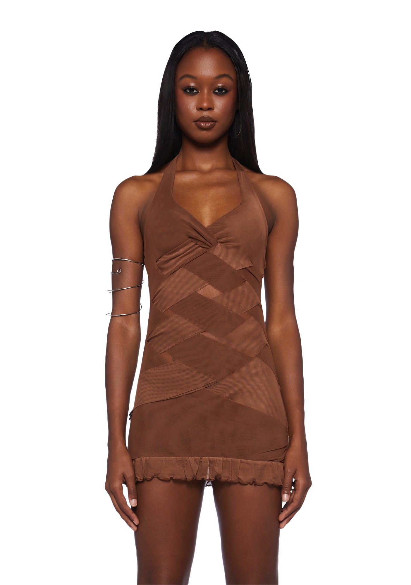 Halter Mesh Mini Dress Brown Dolls Kill