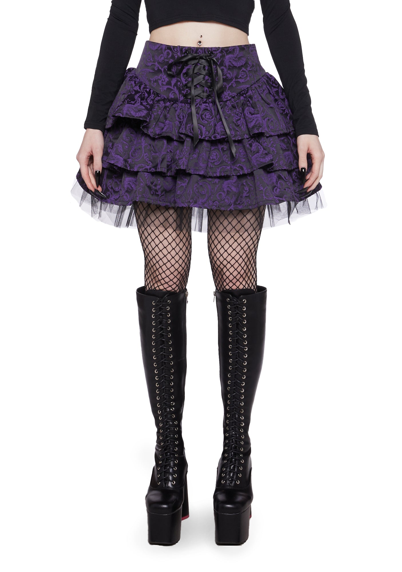 Widow Brocade Layered Ruffle Satin Lace Up Mini Skirt - Purple