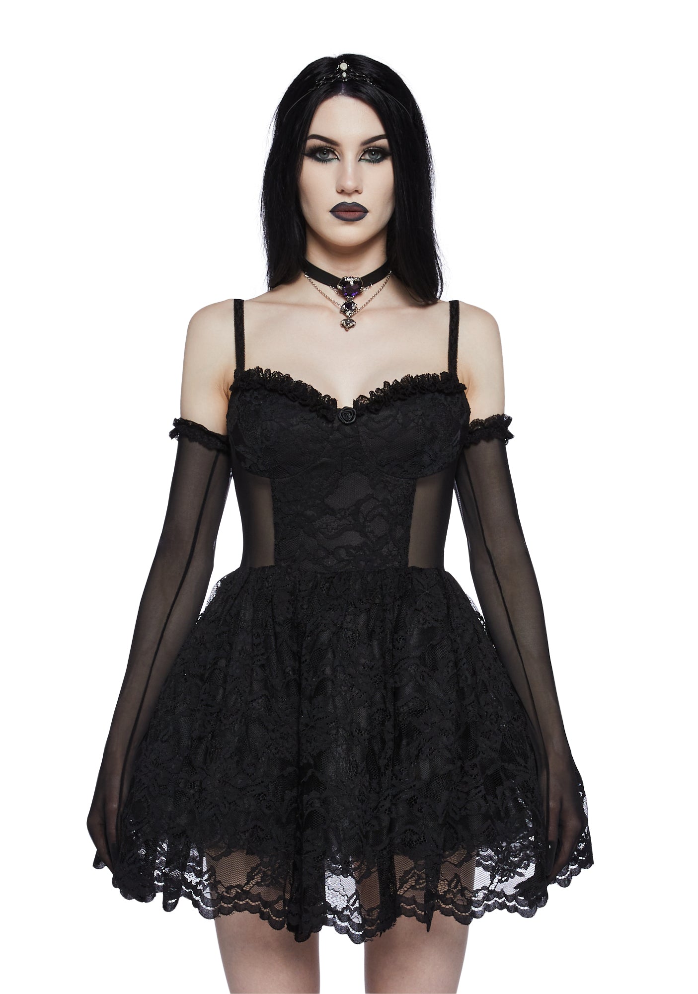 Widow Mesh Lace Mini Dress With Gloves - Black