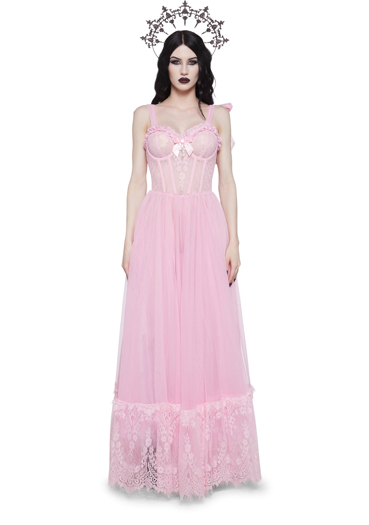Widow Gothic Lace Bustier Sleeveless Maxi Dress - Pink