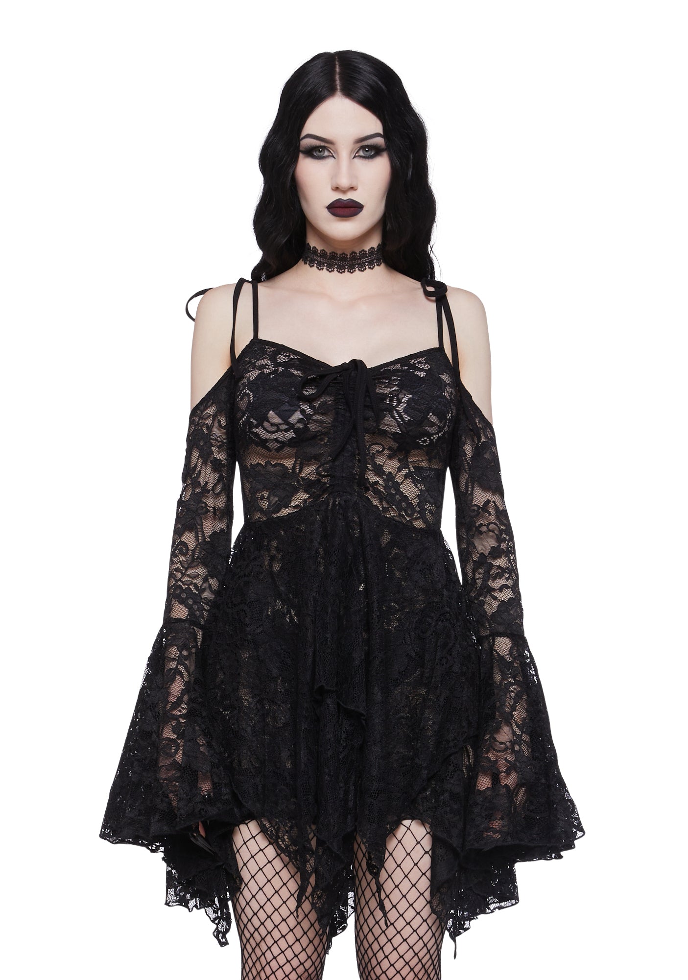 Widow Off The Shoulder Handkerchief Lace Mini Dress - Black – Dolls Kill