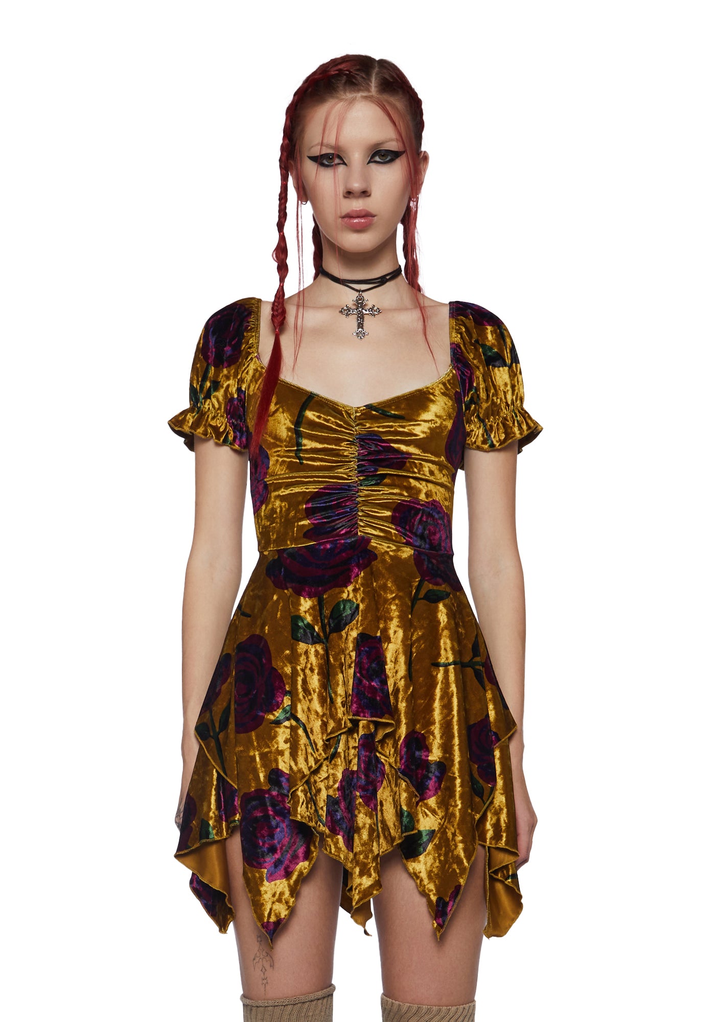 Current Mood Handkerchief Velvet Puff Sleeve Mini Dress - Yellow Dolls Kill Current Mood Handkerchief Velvet Puff Sleeve Mini Dress - Yellow Dolls Kill