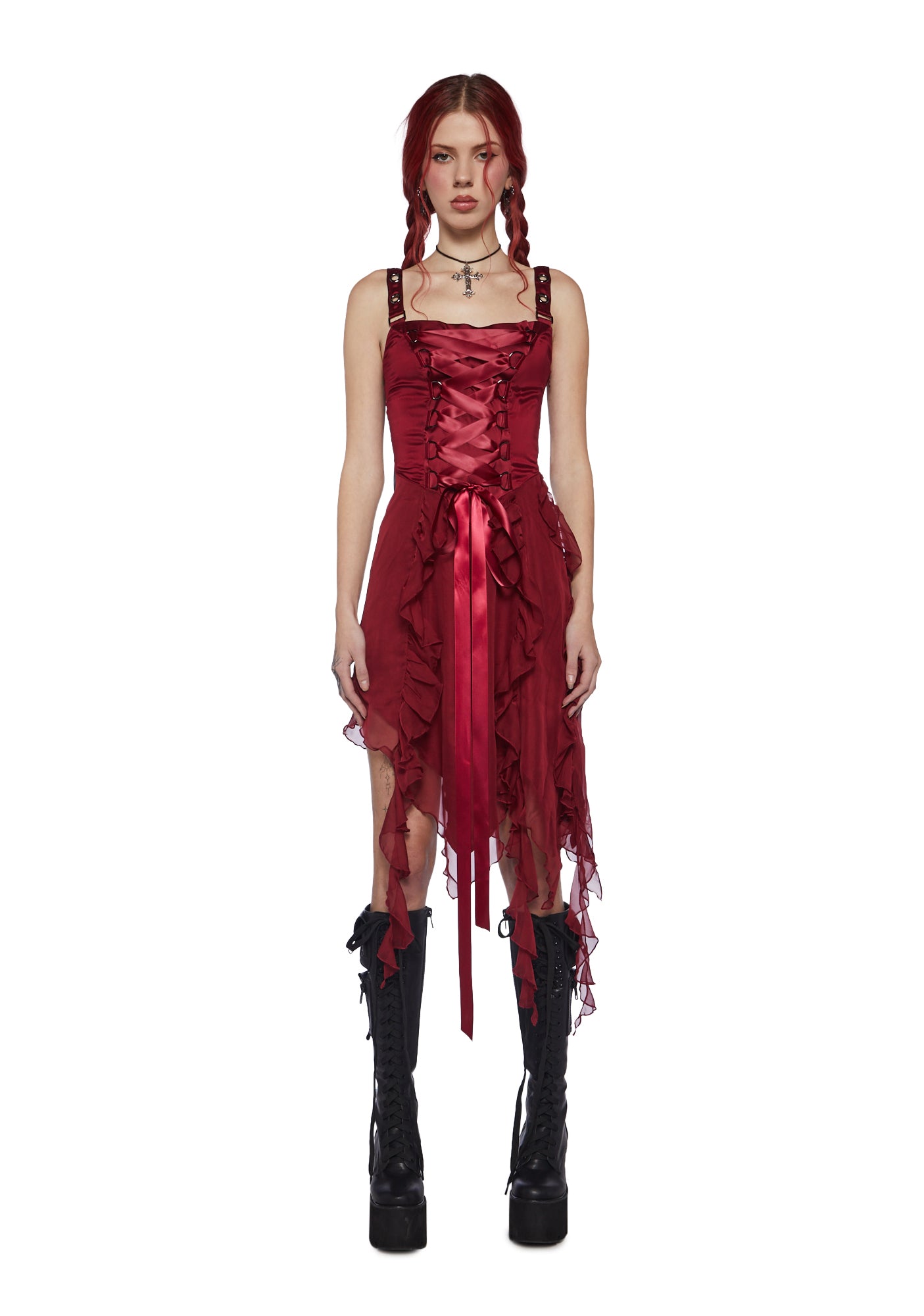 Current Mood Lace Up Ruffle Asymmetric Midi Dress