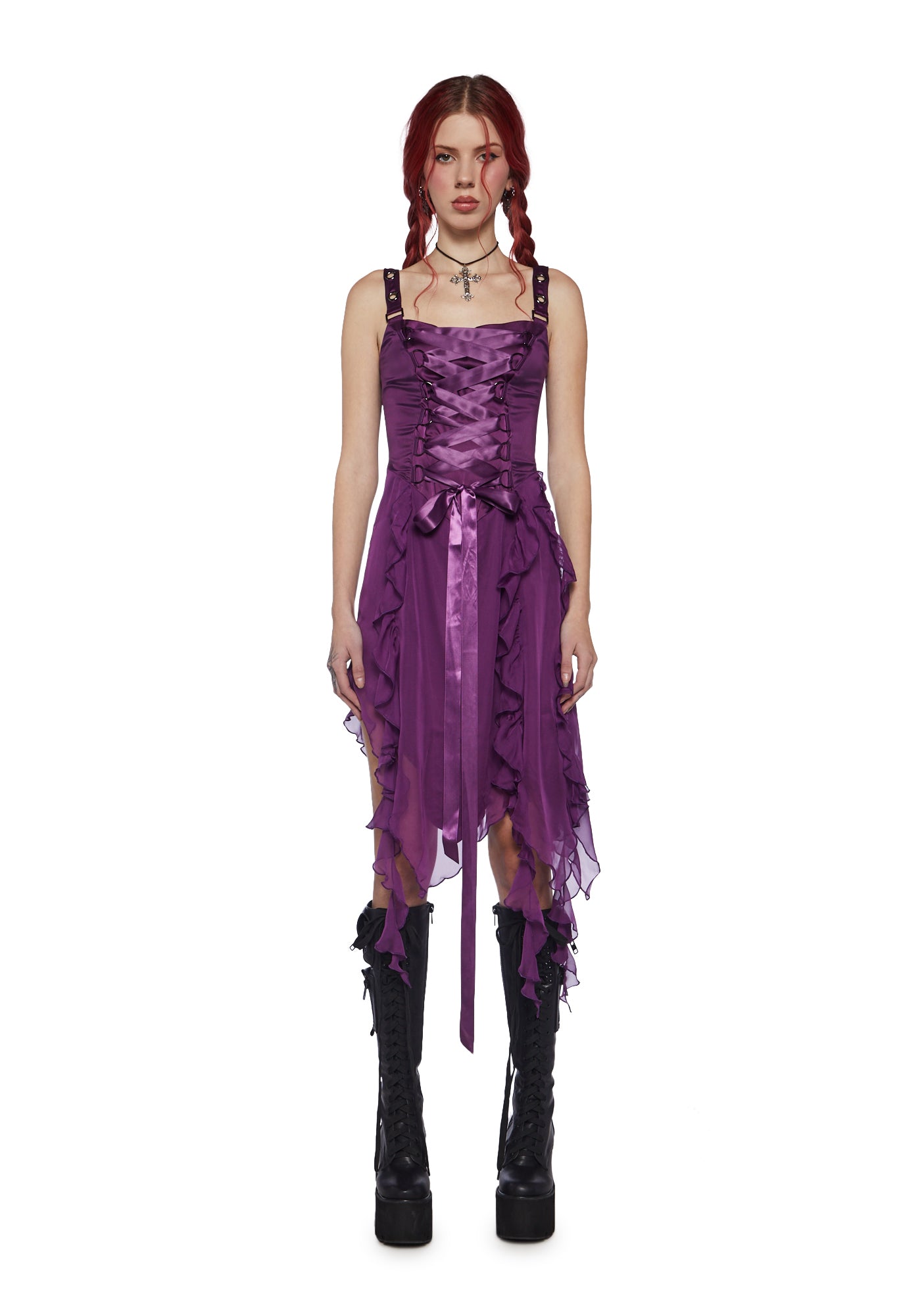 Current Mood Lace Up Ruffle Asymmetric Midi Dress Purple Dolls
