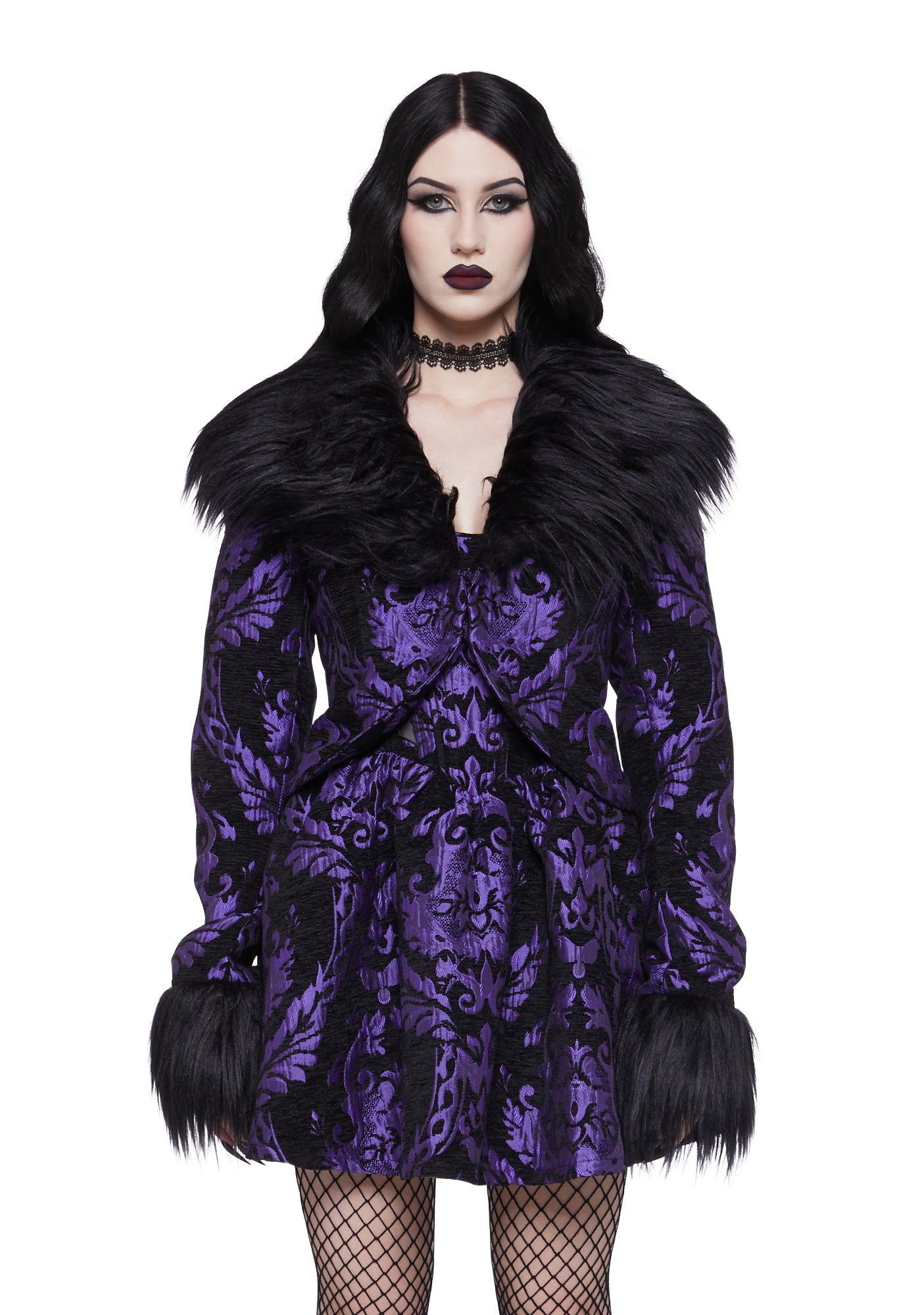 Widow Brocade Cropped Faux Fur Jacket - Purple
