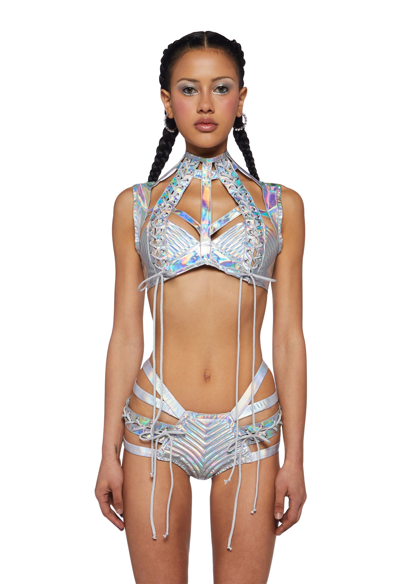 Club Exx Holographic Cut-Out Lace-Up Harness Bra Top - Silver – Dolls Kill