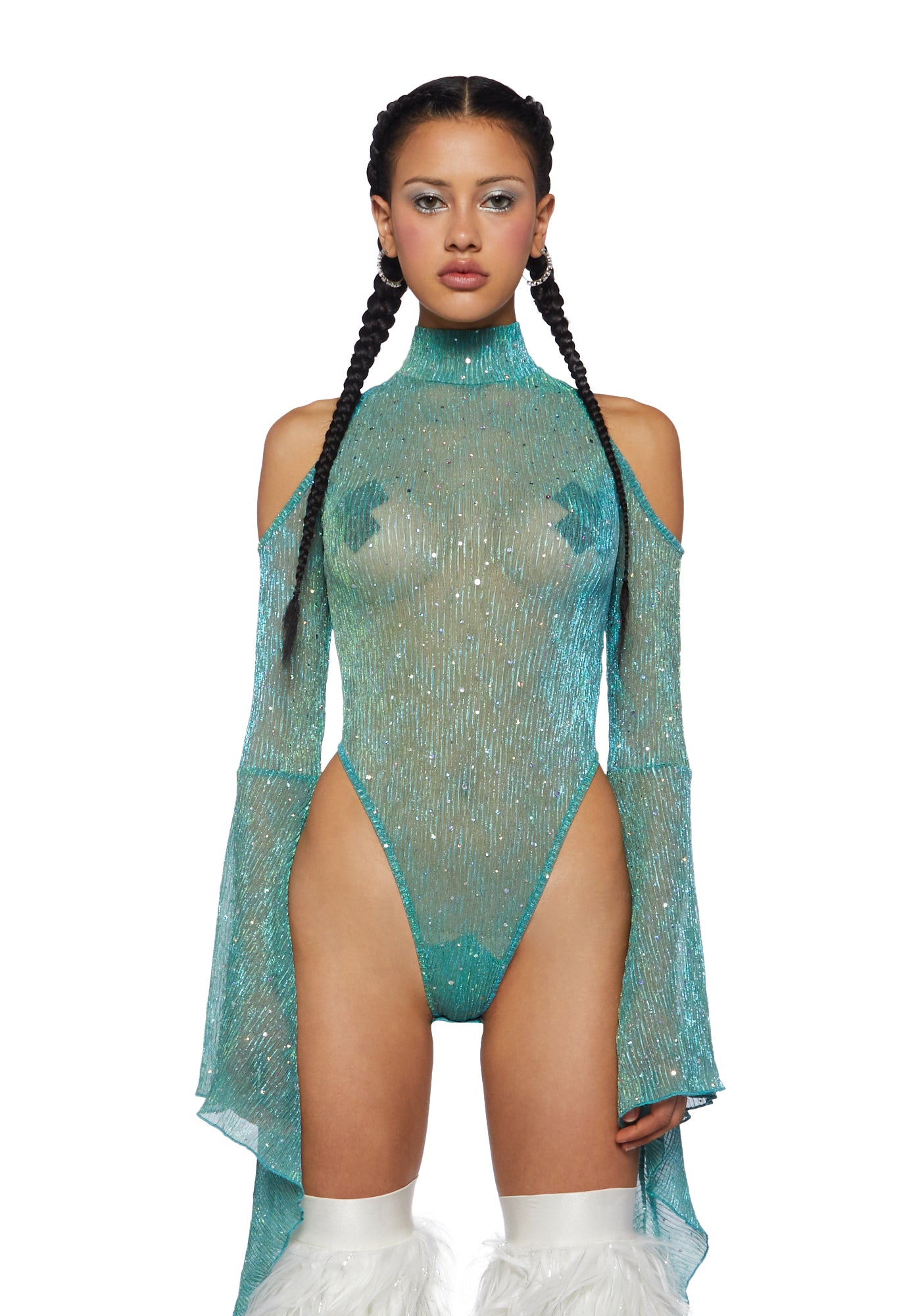 Club Exx Sequin Cold Shoulder Bell Sleeve Bodysuit - Teal 